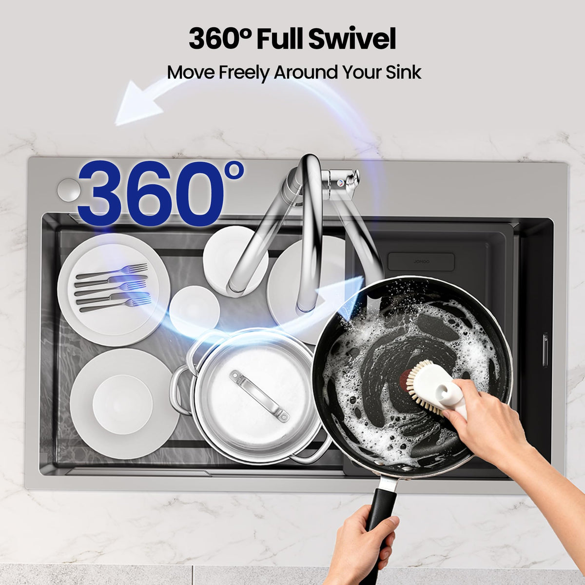 JOMOO Kitchen Faucet, 360° Swivel Dual-Spray Sink Tap, Lead-Free Honeycomb Anti-Splash Aerator, Hot & Cold Water, Corrosion-Resistant Chrome Finish, with 2 Stainless Steel Hoses