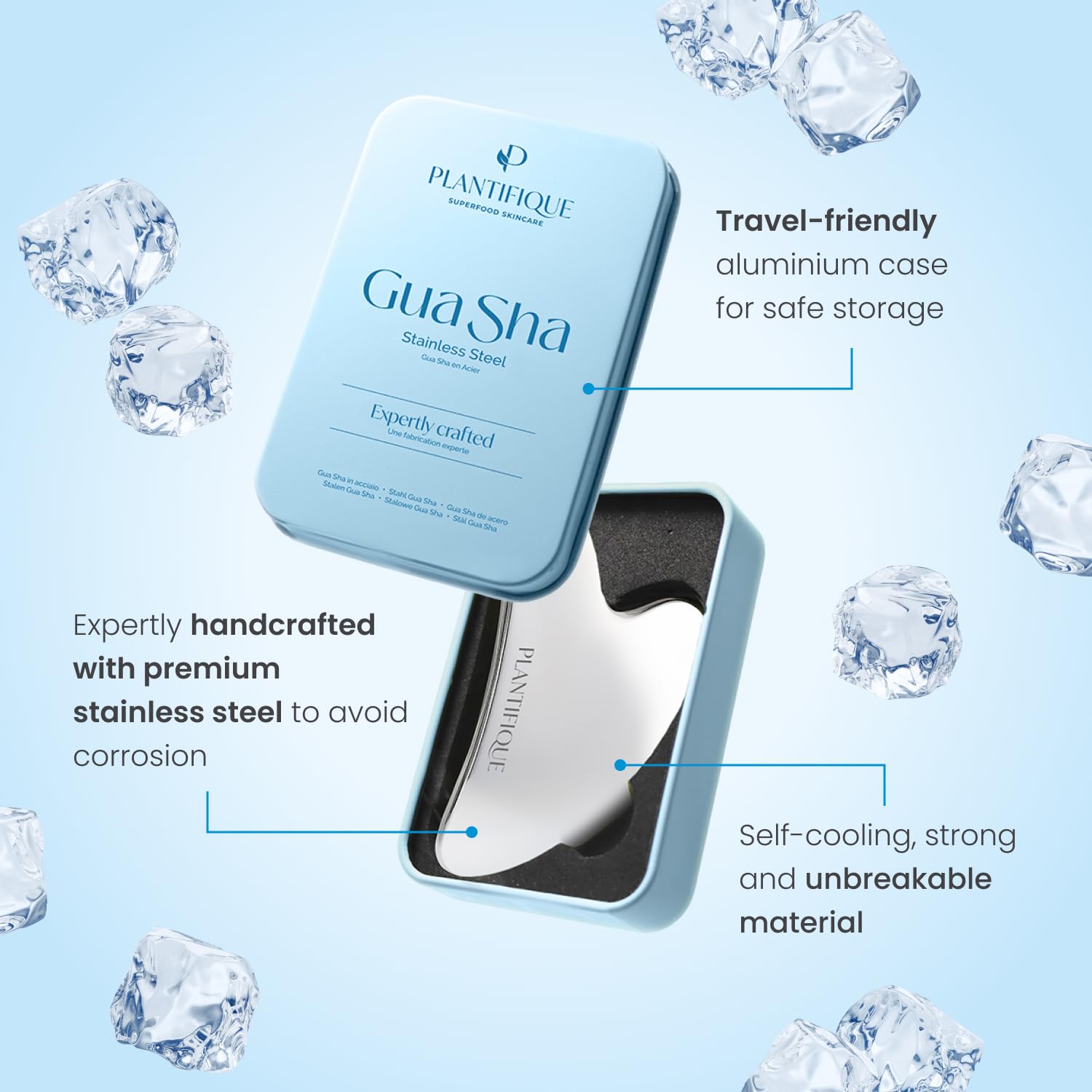 PLANTIFIQUE Stainless Steel Gua Sha | Facial Tool | Skin Massage for Face Body Eyes Neck Heart Style with Travel Pouch | Skin Care Gift - Medaid International