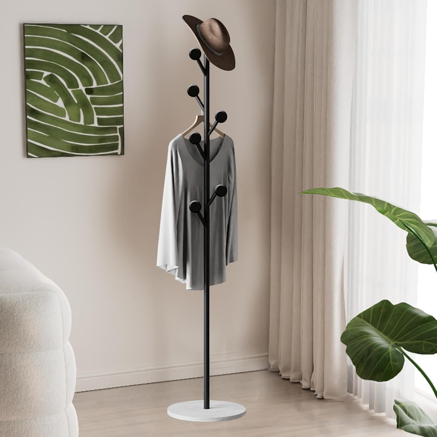 DAYONG Free-standing Coat Rack with Hooks, Multifunction Metal Clothes Garment Rack, Stand with Stable Round Base For Clothes,Bags,Hats,Scarves,Backpacks in Bedroom Entryway Hallway Office (Gold) - Medaid International