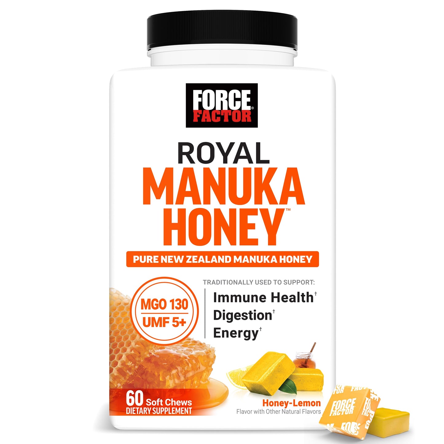 FORCE FACTOR Royal Manuka Honey, Pure New Zealand Manuka, Support Immune Health, Digestion & Energy, MGO 130, UMF 5+, Sustainably Sourced, Honey-Lemon, 60 Soft Chews - Medaid International