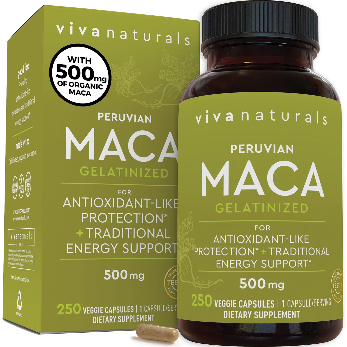Peruvian Maca Root Supplement for Women & Men, 500mg - Traditionally Used for Energy, Stamina & Endurance - 250 Yellow Maca Root Powder Capsules, Gelatinized for Easier Digestion - Medaid International