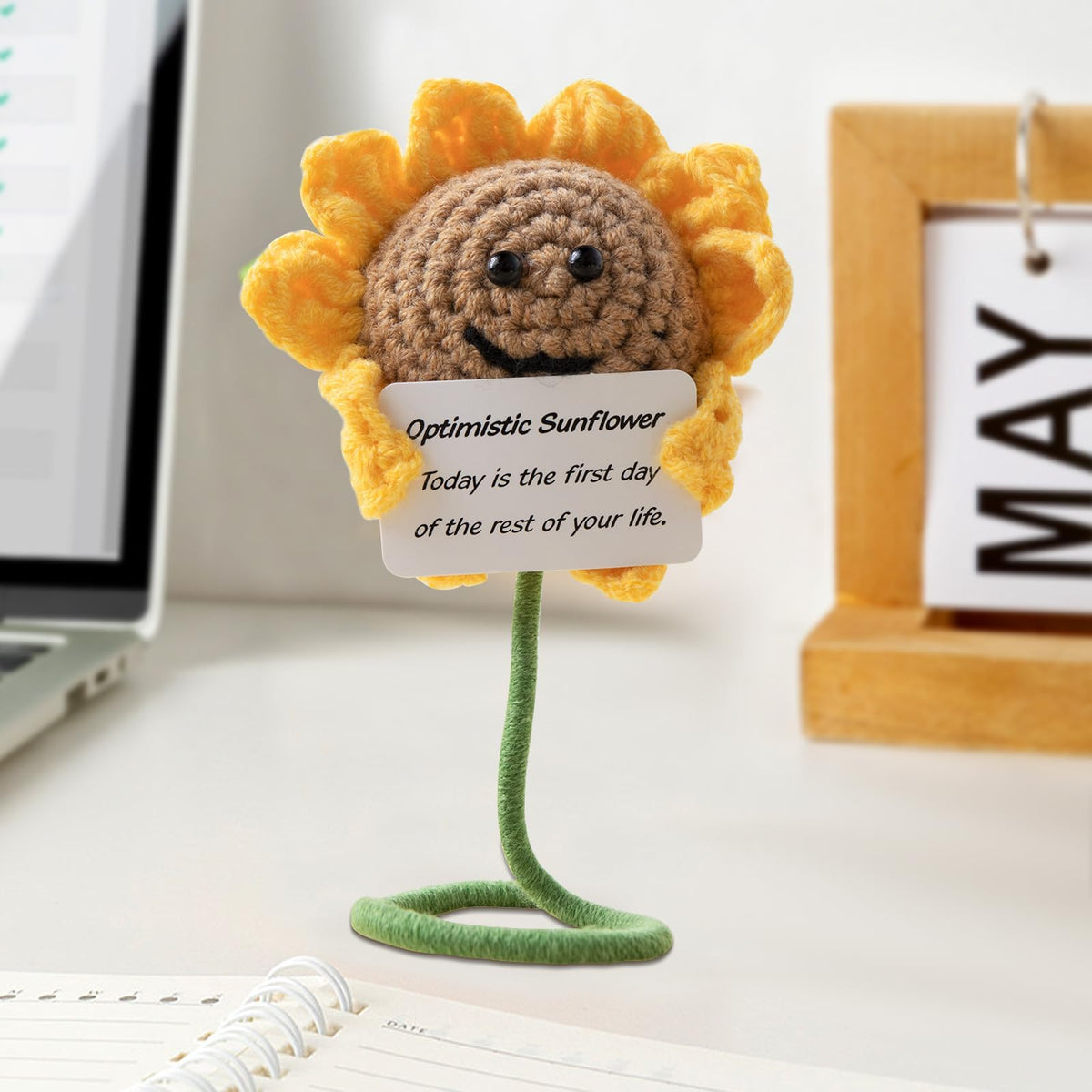 KASTWAVE Positive Flower Doll, Gifts Funny Crochet Flower Knitted Toy with Positive Card, Soft Handmade Wool Knitted Encouragement Gifts for Birthday Gifts, Room Decor, Positive Sunflower