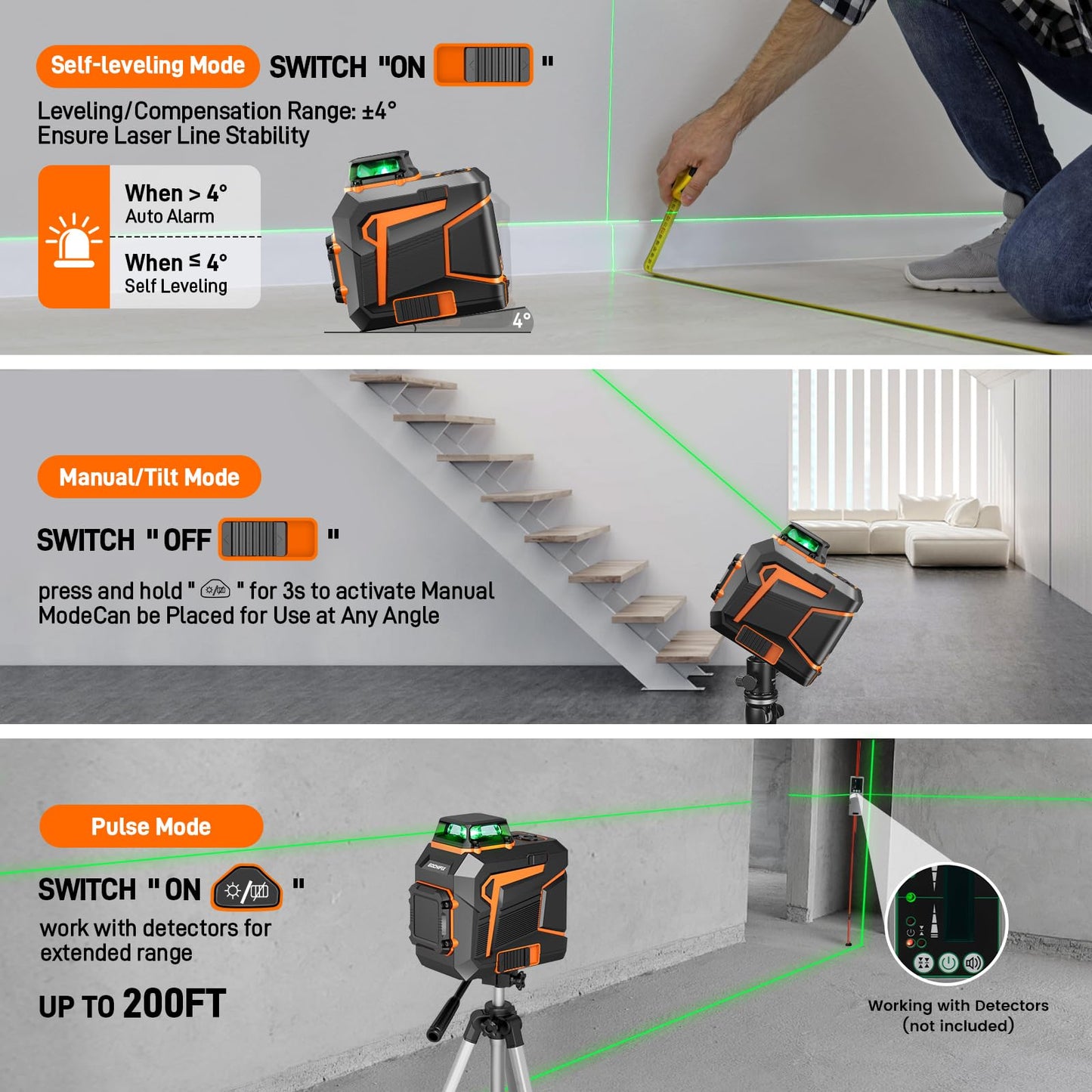 Laser Level 360 Self Leveling Green Line Laser Level Tool Wall Suction Stand Receiver 100ft Line Laser for Picture Hanging Outdoor Rechargeable Battery,2x360,2D - Medaid International