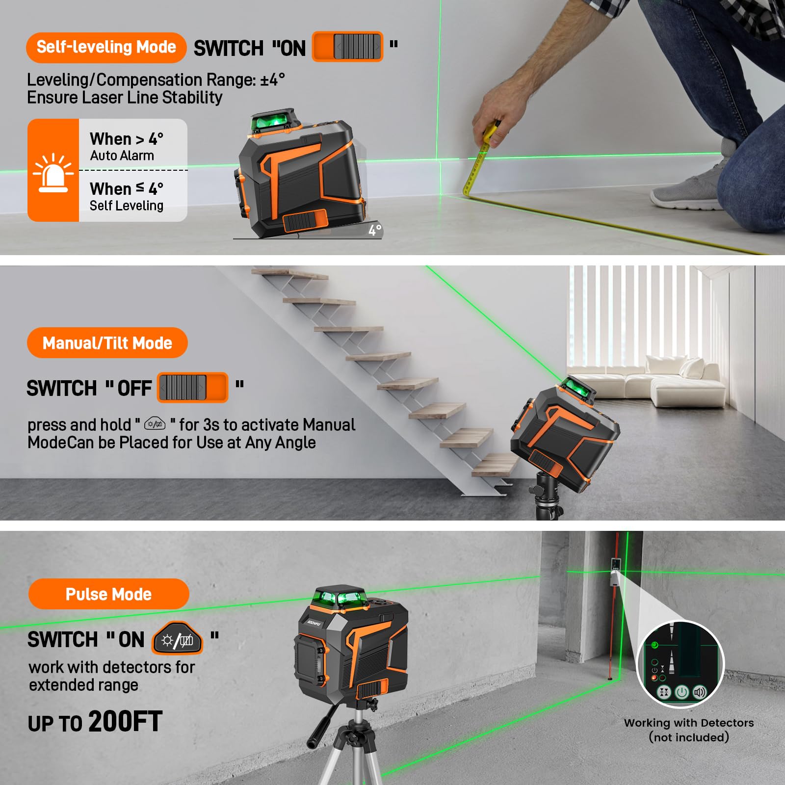 Laser Level 360 Self Leveling Green Line Laser Level Tool Wall Suction Stand Receiver 100ft Line Laser for Picture Hanging Outdoor Rechargeable Battery,2x360,2D - Medaid International