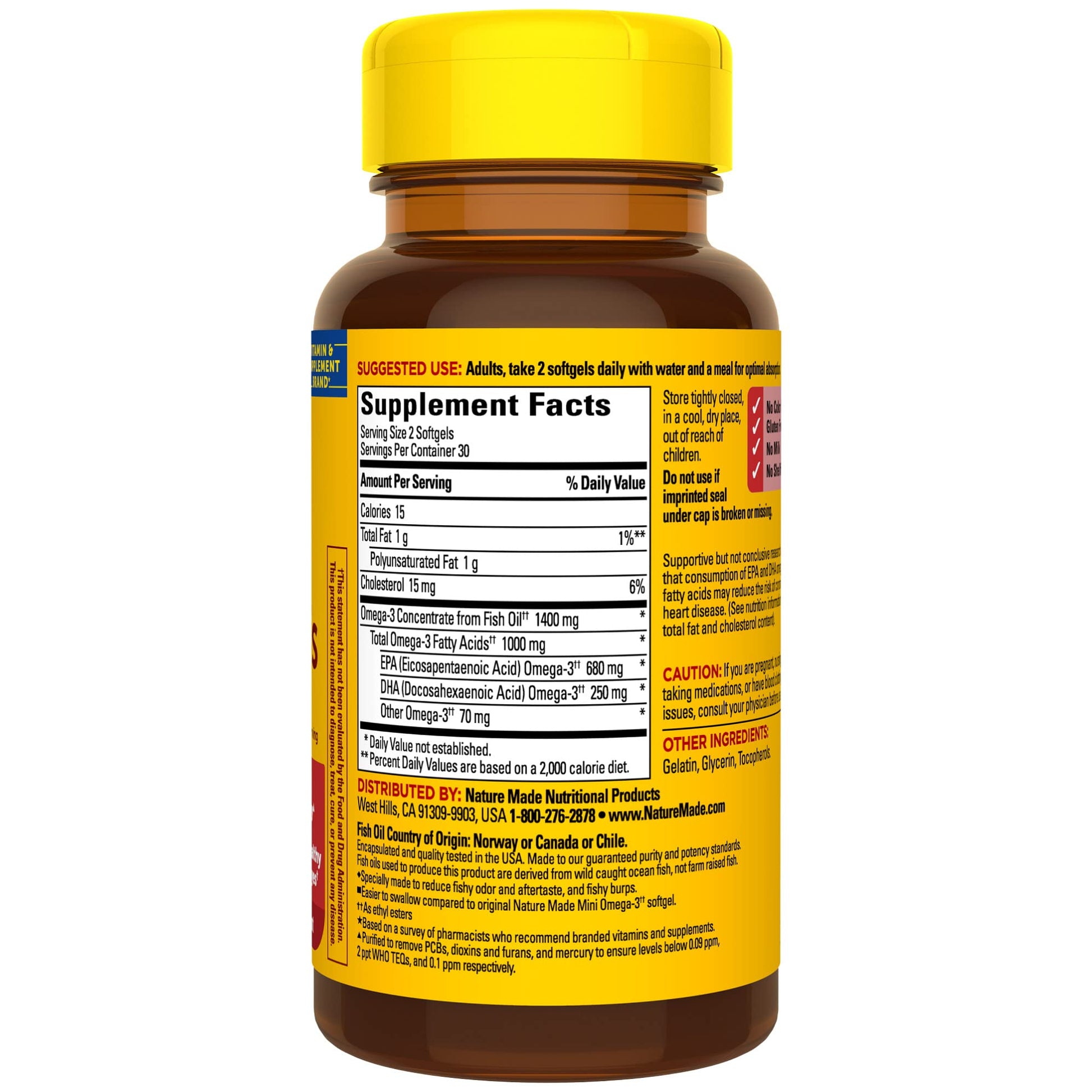 Nature Made Extra Strength Burp Less Fish Oil Omega 3 Supplements 1400 mg Minis, Omega 3 Fish Oil as Ethyl Esters for Healthy Heart Brain Eyes Support, 60 Softgels, 30 Day Supply - Medaid International