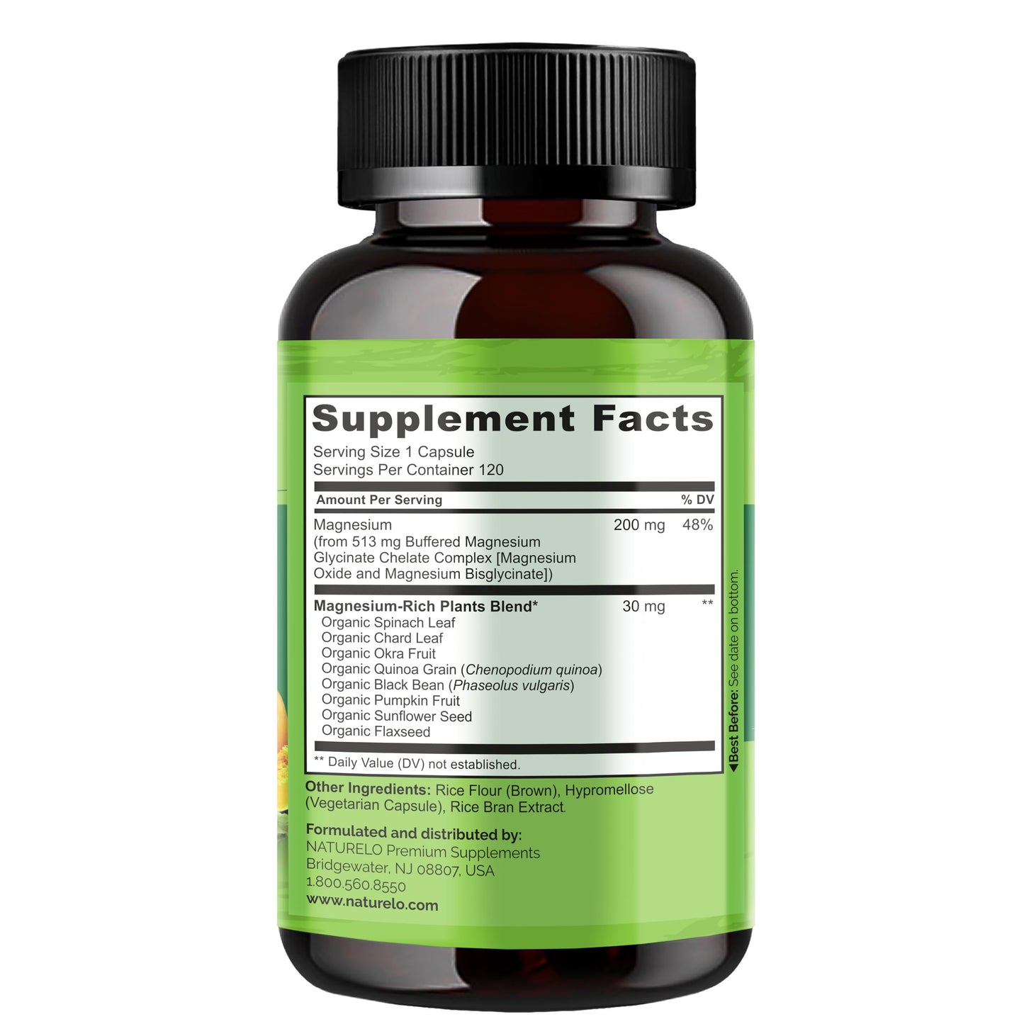 NATURELO Magnesium Glycinate Chelate Complex - 200 mg Magnesium with Organic Vegetables to Support Sleep, Calm, Muscle Cramp & Stress Relief - Gluten Free, Non GMO - 120 Capsules - Medaid International