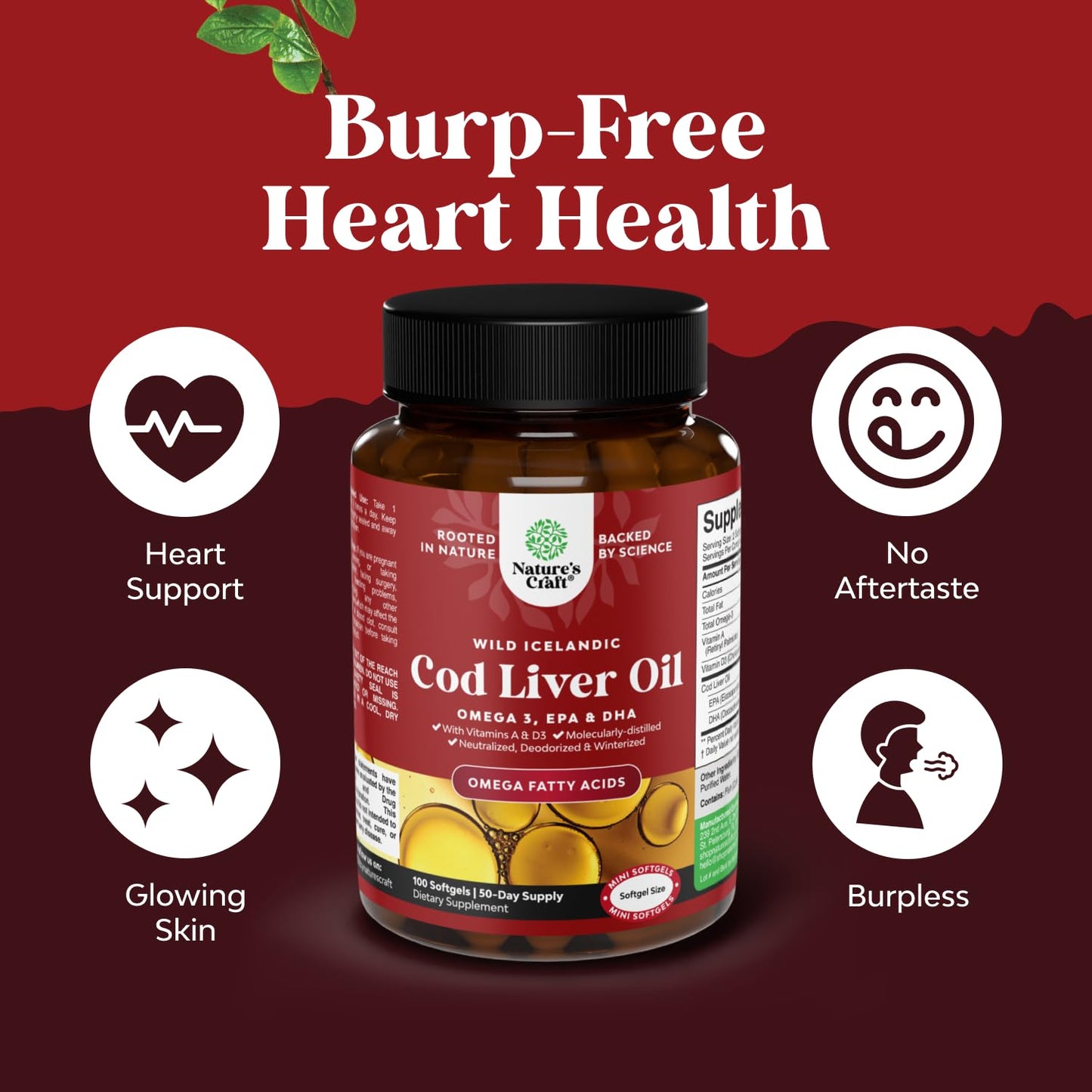 Icelandic Wild Caught Cod Liver Oil Softgels - Fish Omega 3, EPA, DHA, Vitamin D & A, 1000mg Per Serving - Burpless Capsules for Heart, Joint, Brain & Immune Support - 100 Count - Medaid International