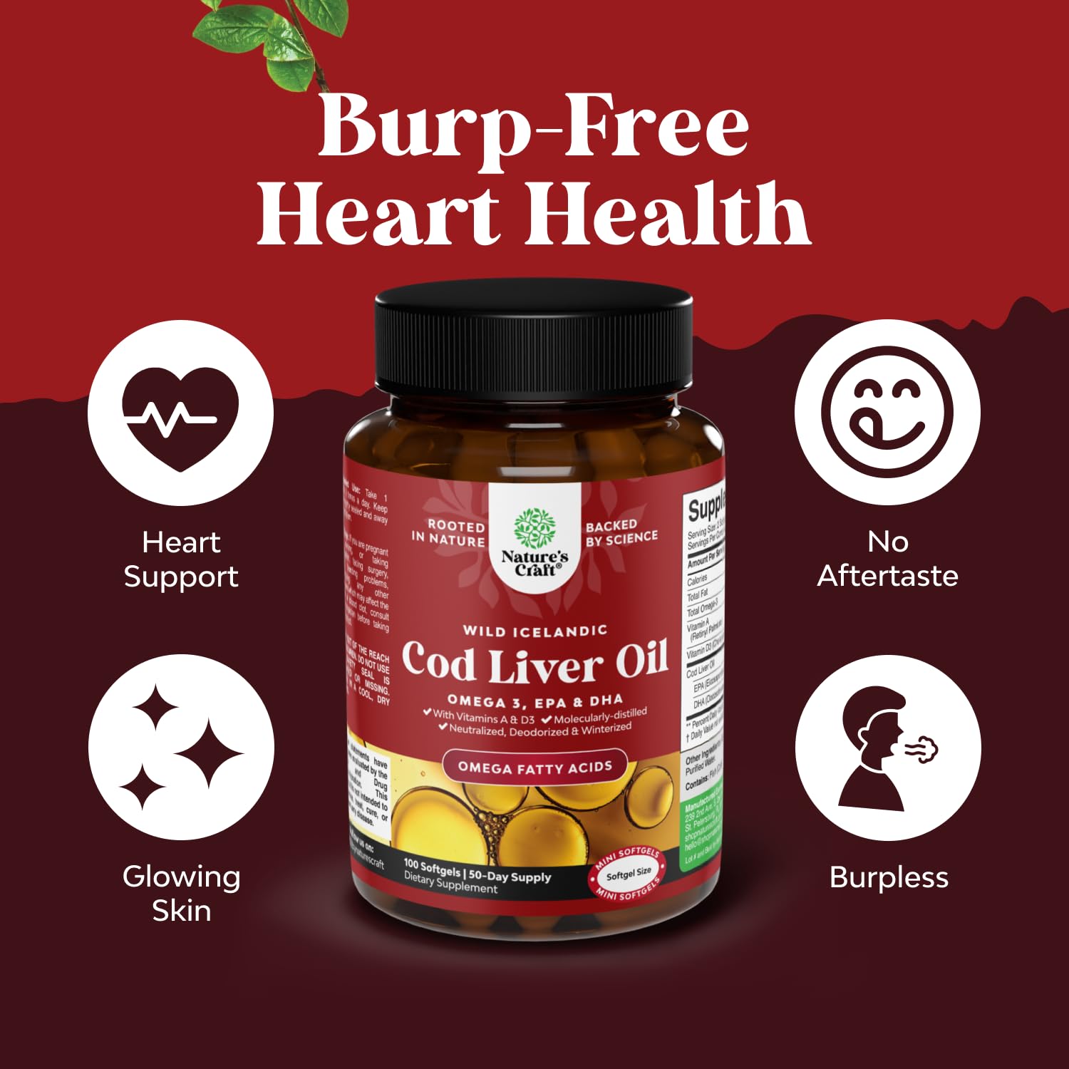 Icelandic Wild Caught Cod Liver Oil Softgels - Fish Omega 3, EPA, DHA, Vitamin D & A, 1000mg Per Serving - Burpless Capsules for Heart, Joint, Brain & Immune Support - 100 Count - Medaid International