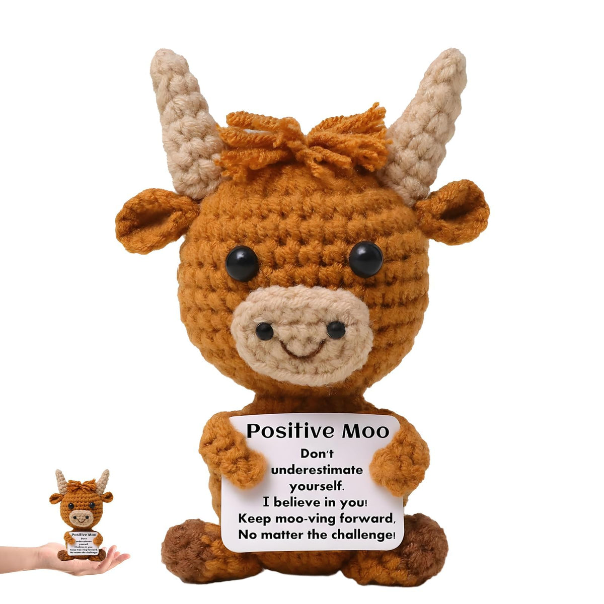 KASTWAVE Mini Positive Crochet Cow, Handmade Highland Cow Toy with Encouragement Card, Cute Crochet Animal Gift for Friends, Birthday, Good Luck & Desk Decoration