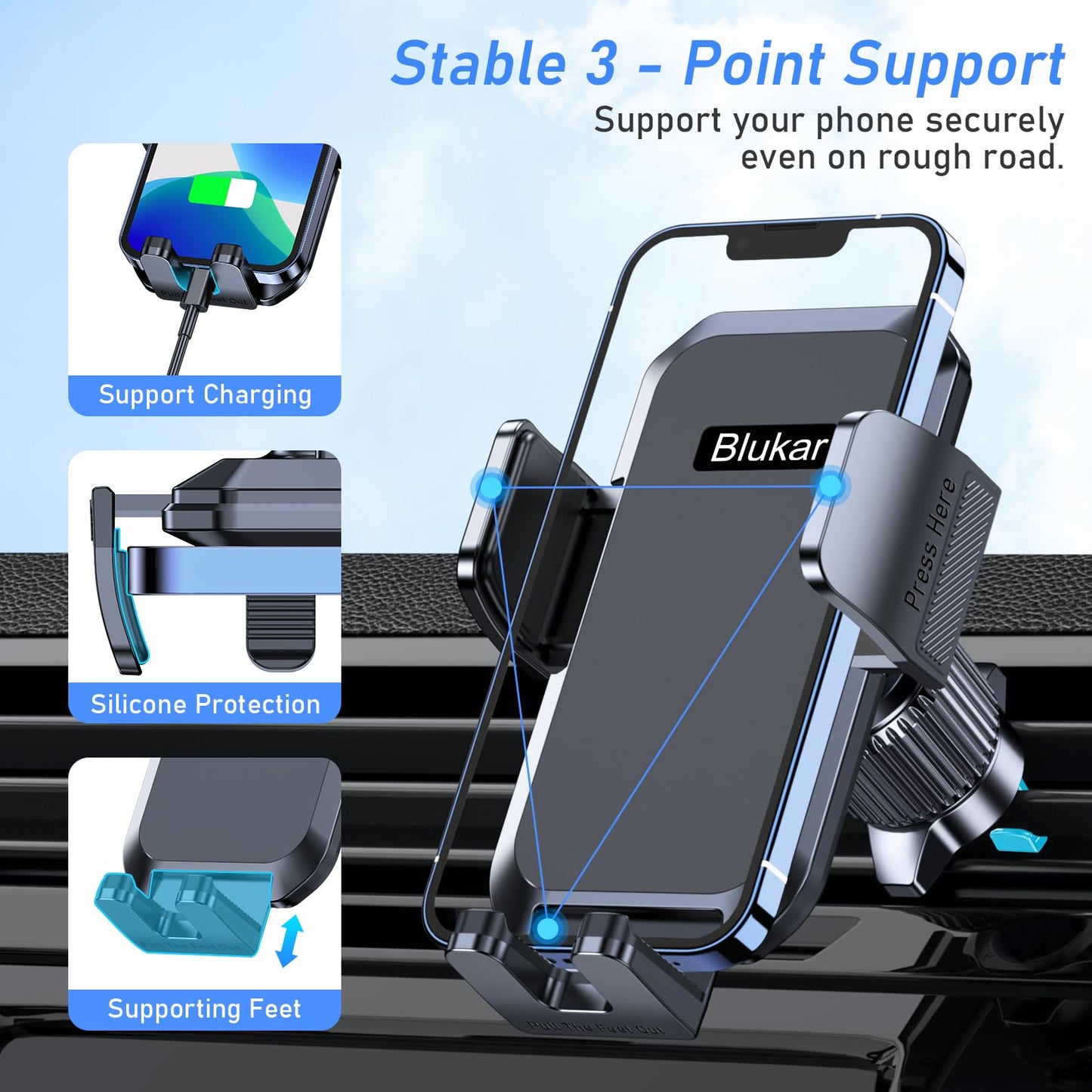 Car Phone Holder Mount, Super Stable Air Vent Cell Phone Car Mount with 2025 Metal Hook Clip, 360° Rotation,One Button Release for iPhone, Galaxy, Google, and All Other Smartphones - Medaid International