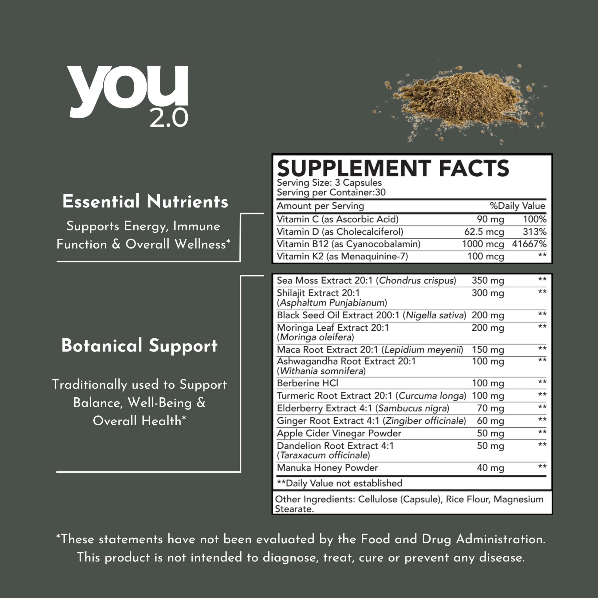 YOU 2.0 Powerhouse Superfood with Seamoss, Shilajit, Ashwagandha, Berberine, Maca, Black Seed Oil, Turmeric, Vitamin C, D, B12, K2 - Moringa, Apple Cider, Made in USA for Overall Health & Immunity - Medaid International