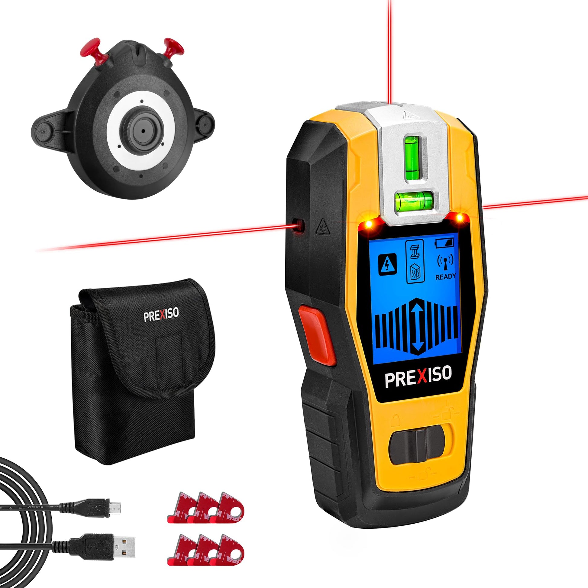 PREXISO 2-in-1 Stud Finder with Laser Level, Rechargeable Multi Surface Cross Line Laser & Wall Stud Scanners Tool for Hanging Frames & Picture, Wood Ac Wire Metal Studs Joist Pipe Detection - Medaid International