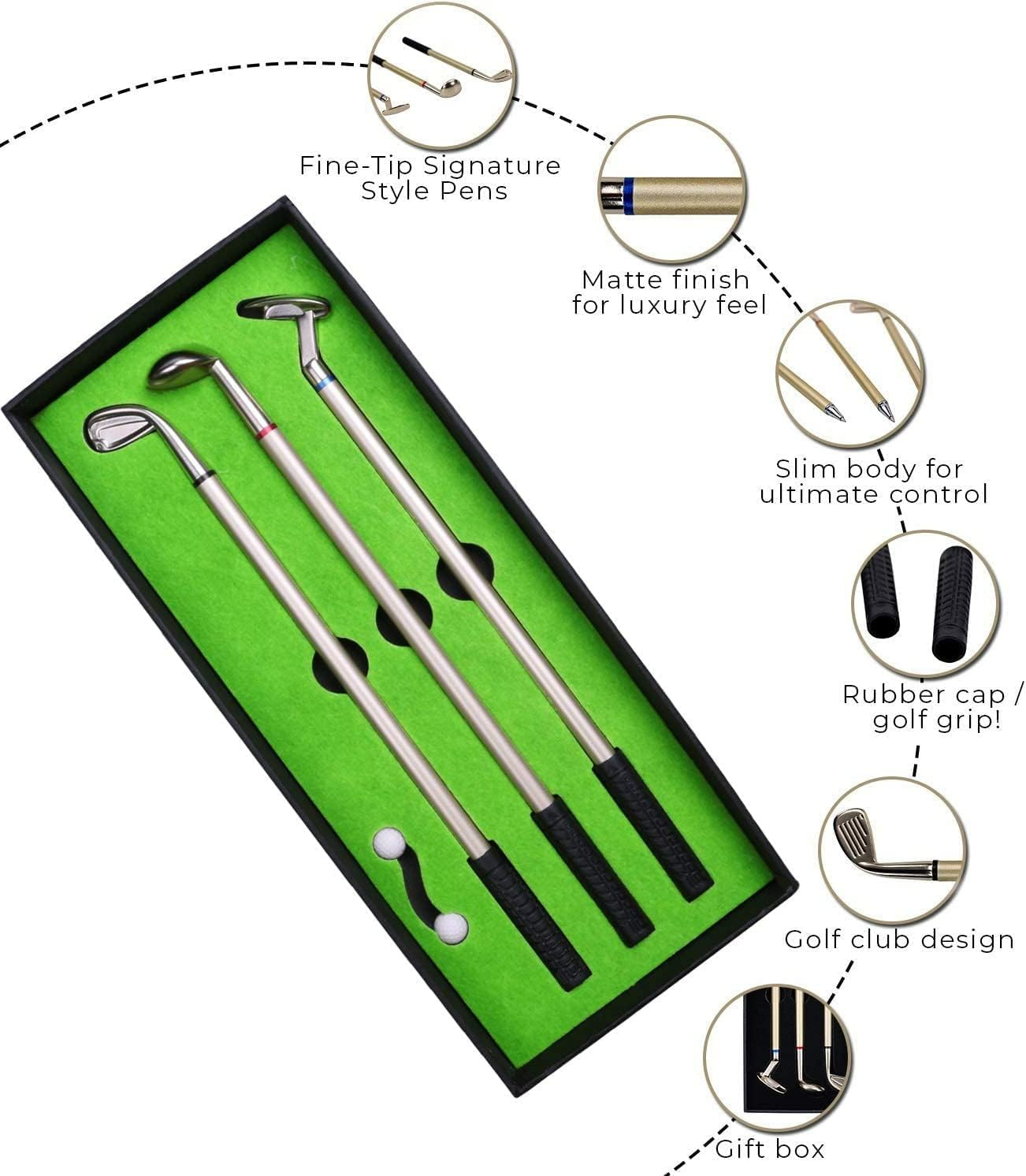 Golf Pen, Mini Golf Gift Set, Desktop Golf Ball Pen Gift, 3 Golf Clubs Pens with Balls and Flag - Medaid International