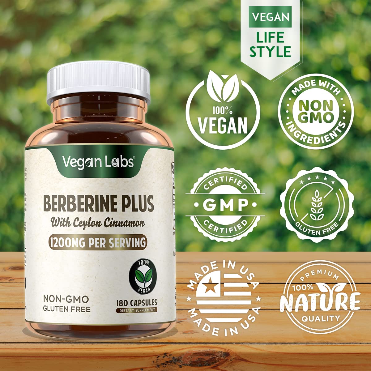 Vegan Labs Berberine HCL 1200MG with Organic Ceylon Cinnamon- 180 Vegan Capsules- Supports Overall Health and Immune System - Medaid International