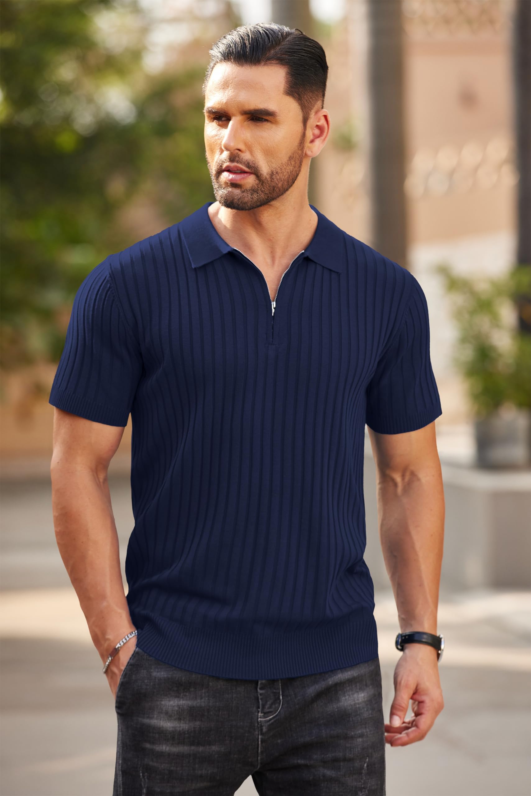 COOFANDY Men's Zipper Polo Shirts Short Sleeve Ribbed Knit Polo T Shirts Fashion Casual Golf Shirts Navy Blue - Medaid International