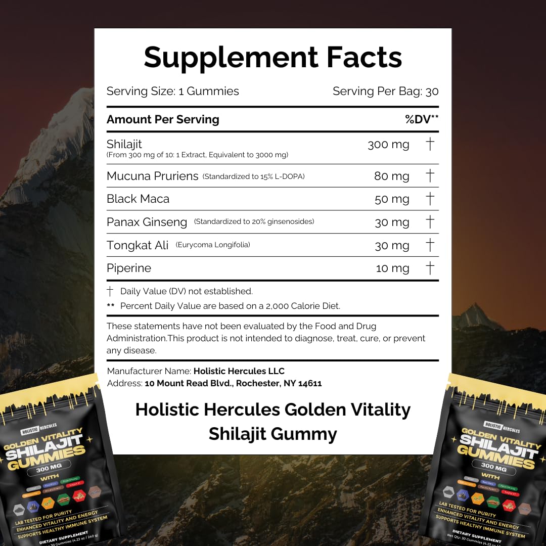 Holistic Hercules Himalayan Gold Shilajit Gummies with Ashwagandha Black Maca Tongkat Ali Panax Ginseng Mucuna | 100% Natural Organic | Vegan Non-GMO Sugar-Free (30) - Medaid International