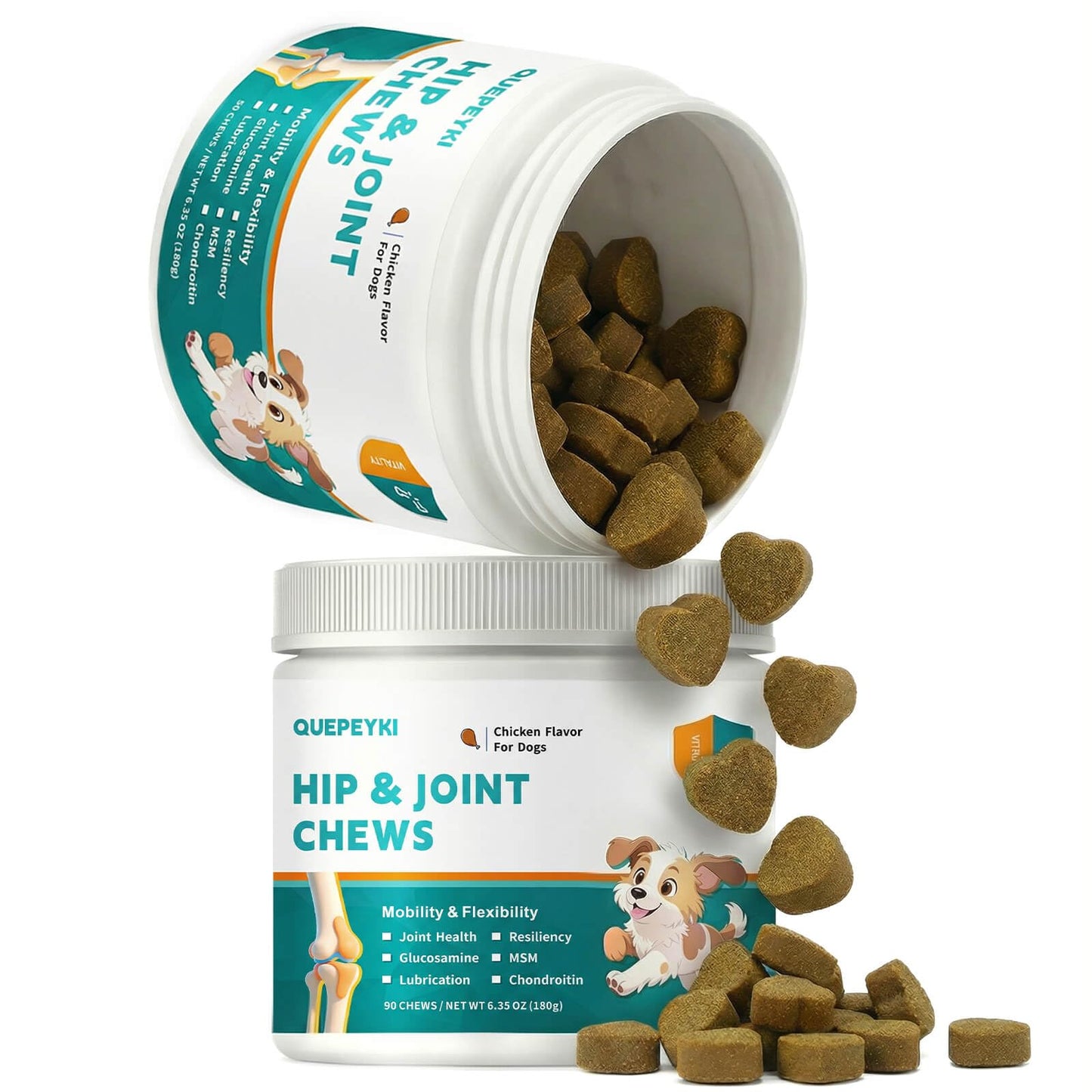 QUEPEYKI Glucosamine Chondroitin MSM for Dogs – Hip and Joint Soft Chews with Green Lipped Mussel, Eggshell Membrane & Hyaluronic Acid – Senior Dog Mobility Support – Real Chicken Flavor, 90 Count