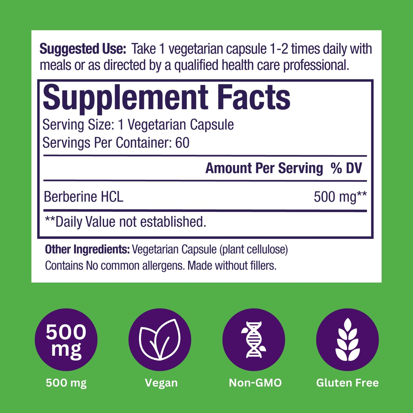 Paradise Herbs, Berberine Extract, 500 mg, Pure & Potent Berberine Supplement, Vegan, Non-GMO, Gluten Free, 60 Vegetarian Capsules - Medaid International