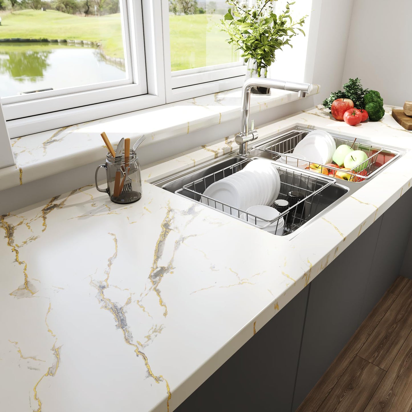 LACHEERY Thick White Marble Peel and Stick Wallpaper White and Gold Wallpaper for Kitchen Accent Wall Paper Counter Cover Peel and Stick Countertop Contact Paper Waterproof Matte Marble Roll 12"x160" - Medaid International