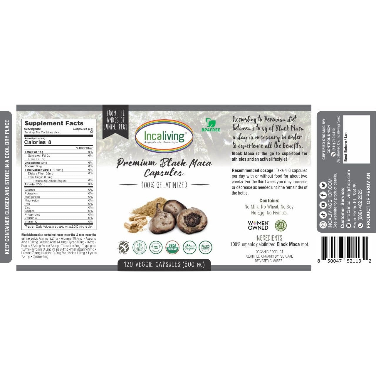 Incaliving- Premium Black maca Veggie caps 120ct.100% Organic Authentic maca from Peru: Gluten Free Non GMO, take After a Workout or Early in The Mornings. - Medaid International