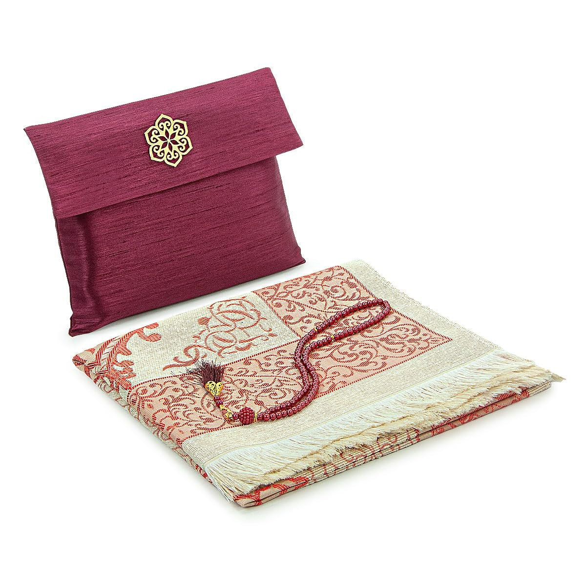 ihvan online Muslim Prayer Rug and Beads with Portable Elegant Fabric Bag, Janamaz, Sajadah, Soft Islamic Prayers Rug, Islamic Gifts for Eid Ramadan, Travel Prayer Carpet Mat, Taffeta Fabric, Burgundy - Medaid International