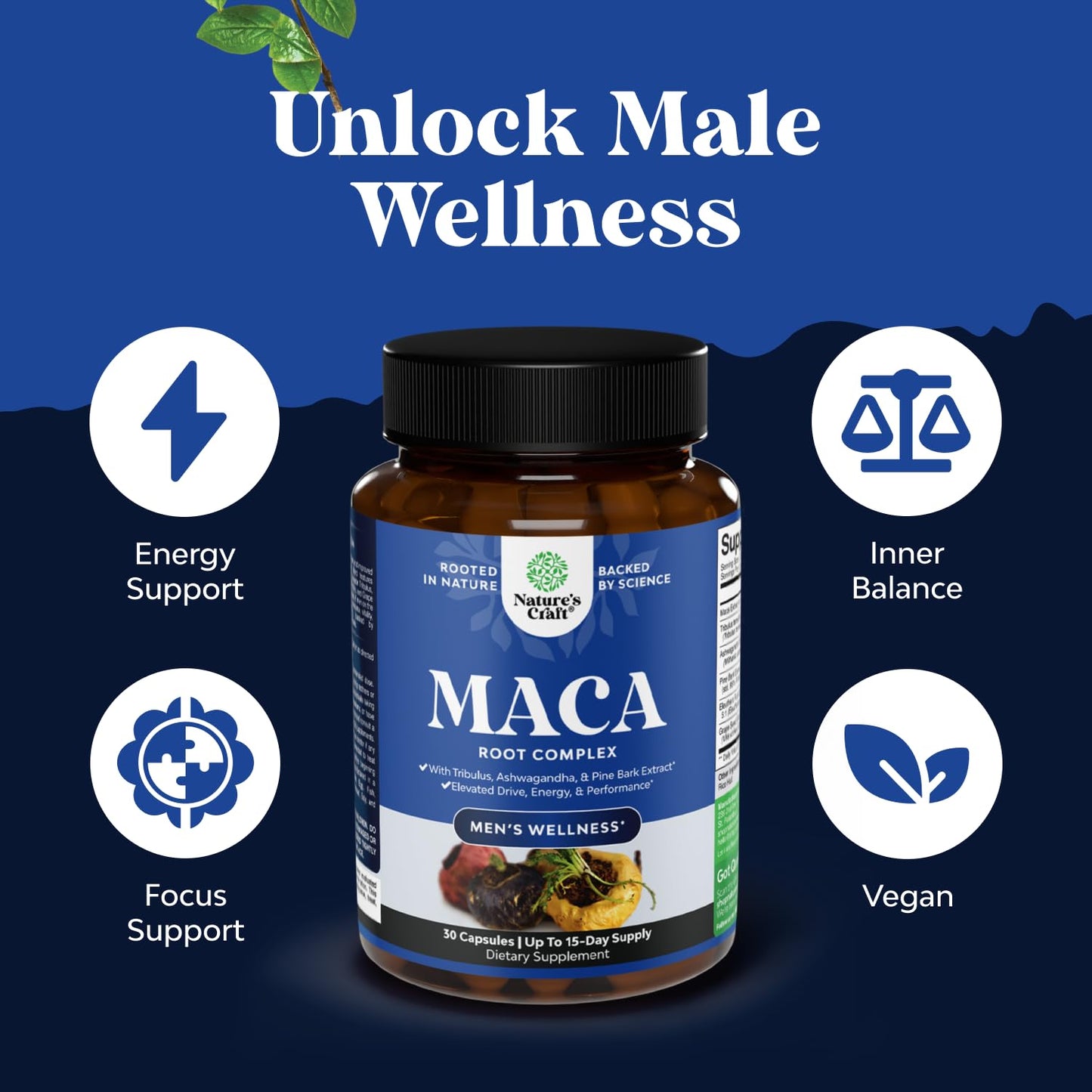 Potent Black Maca Root Capsules for Men - Herbal Wellness Supplement with Siberian Ginseng Ashwagandha and Black Maca Root - Men’s Wellness Supplement to Support General Health - 30 Count - Medaid International