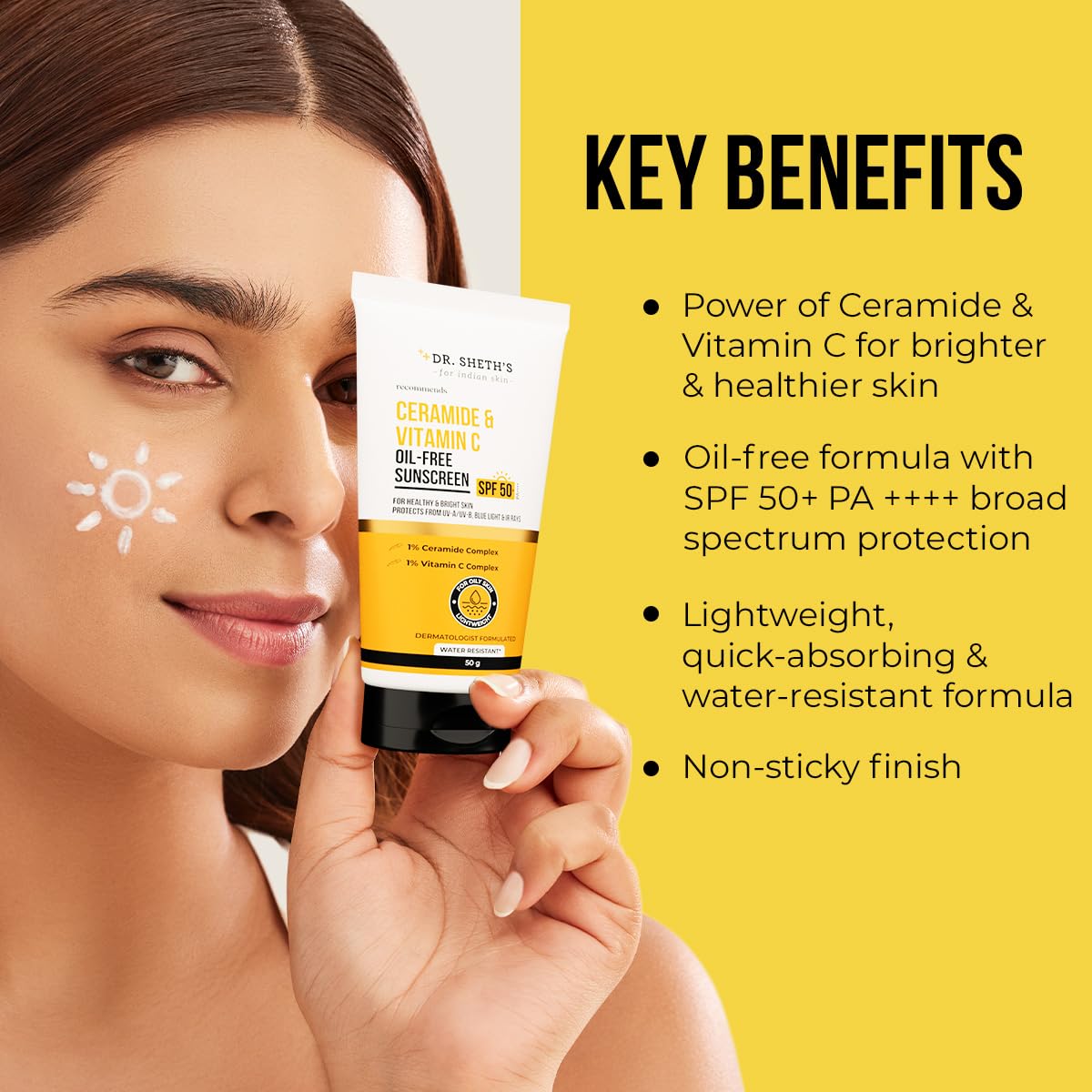 Dr. Sheth's Ceramide & Vitamin C Oil-Free Sunscreen SPF 50+ PA++++ | Non Greasy | For Oily Skin | For Men & Women | 50 g - Medaid International