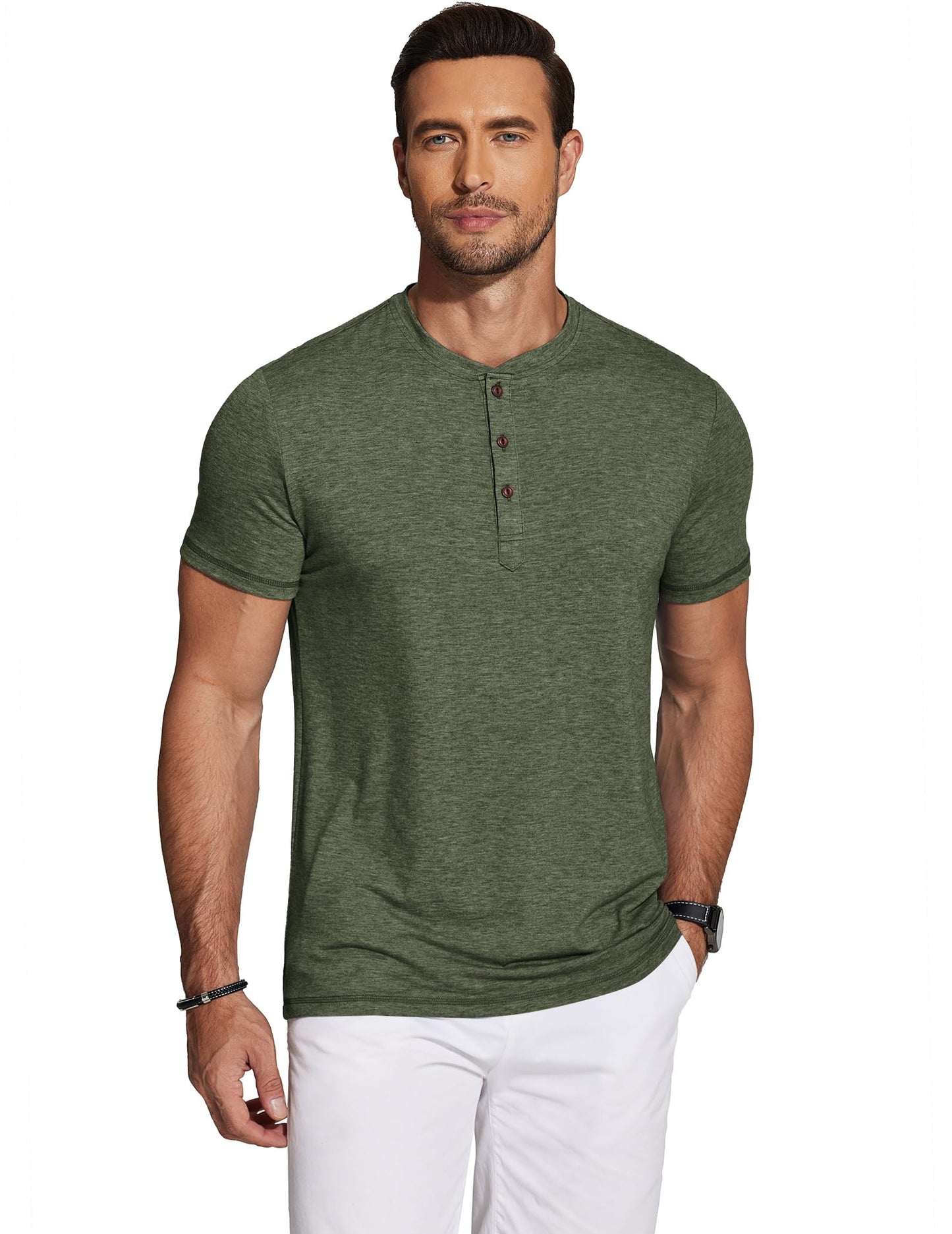 COOFANDY Men's Henley Short Sleeve Shirts Casual Button Henley Basic Tee Solid Fashion Shirts Dark Green - Medaid International