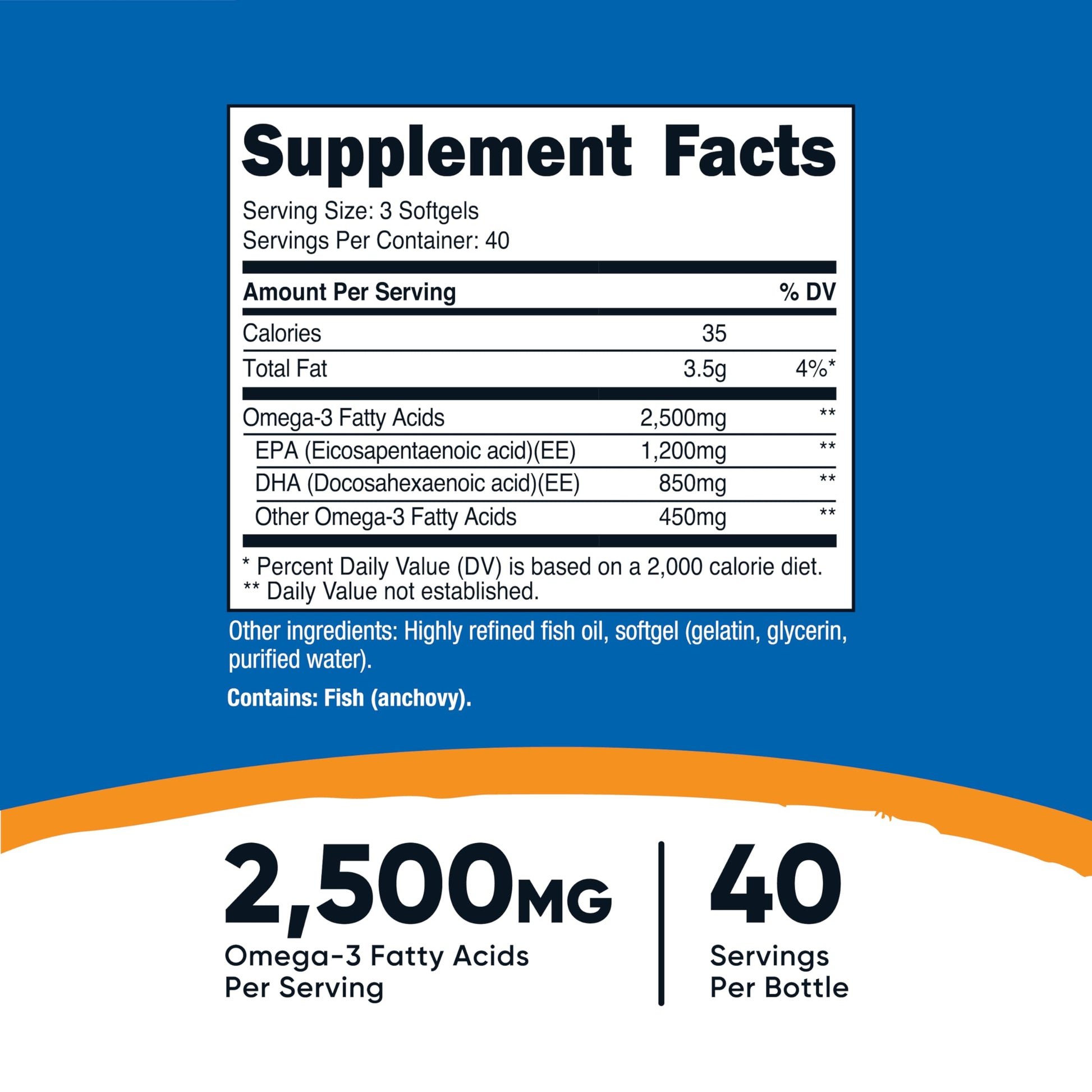 Nutricost Omega 3 Fish Oil - 2500MG, 120 Softgels (40 Serv) - Fish Oil, Wild Caught! 1200mg EPA 850mg DHA - Non-GMO, Gluten Free - Medaid International