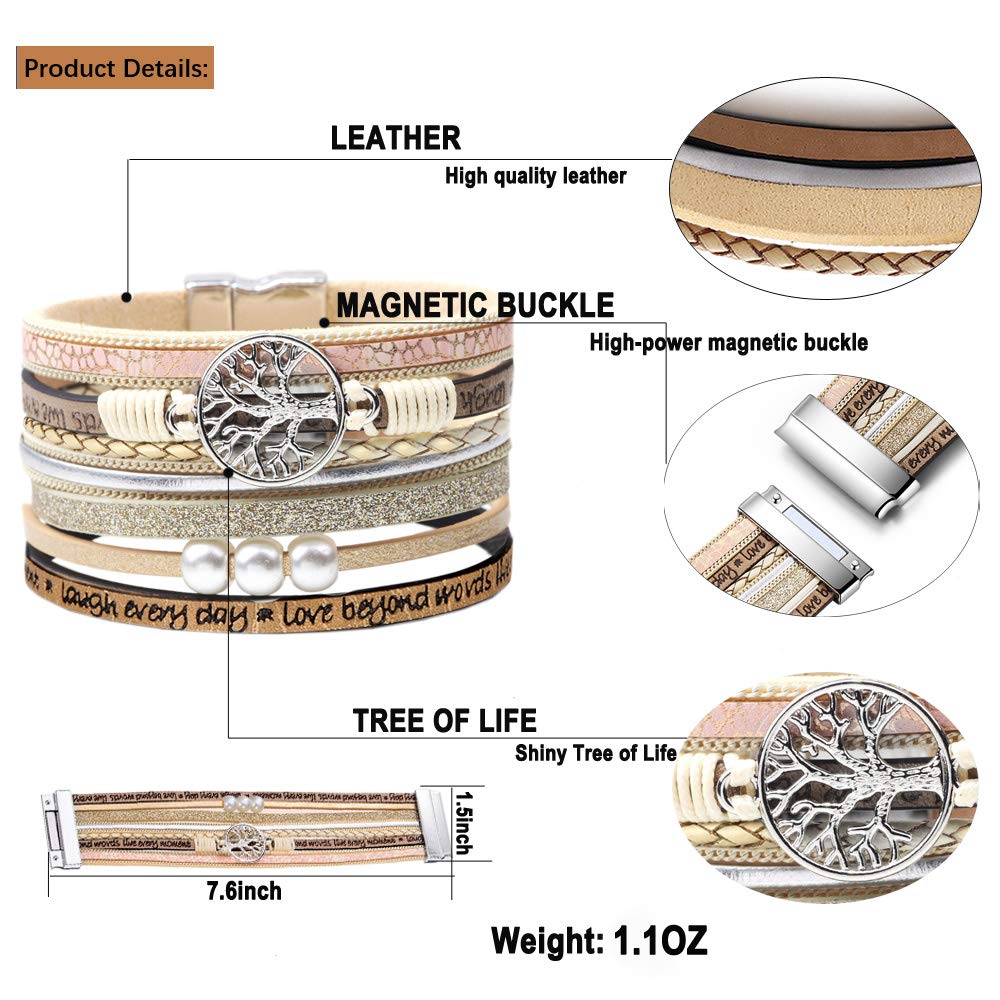 Desimtion Inspirational Gifts, Tree of Life Leather Bracelets for Women, Trendy Stuff for Teen Girls, Mothers Day Birthday Gifts for Women Girls Mom - Bohemian Jewelry Beige - Medaid International