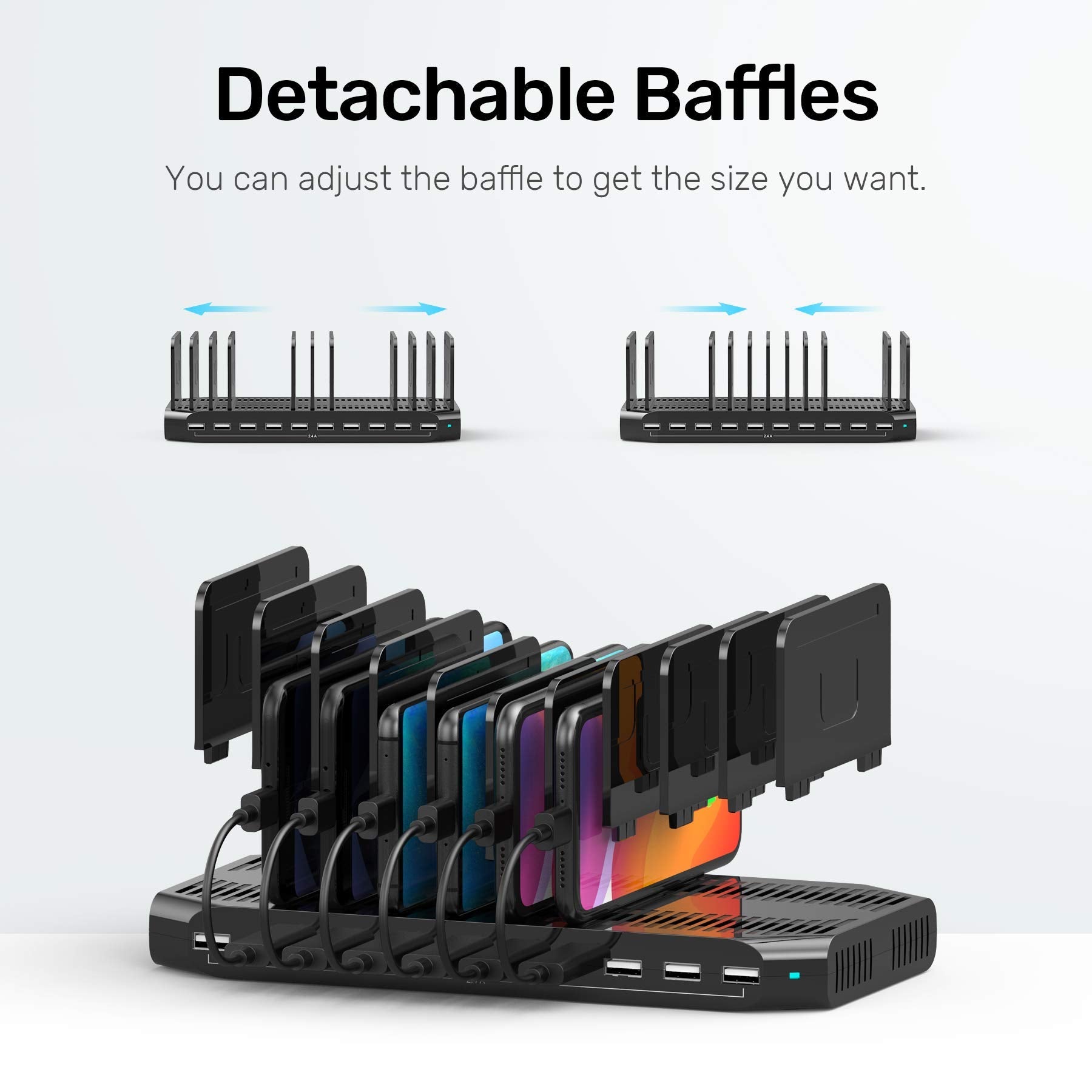Unitek USB Charging Station, 10 USB Fast Ports Charge Docking Station and Adjustable Dividers, Multi Device Charger Organizer Compatible with iPad, iPhone, Tablet and Cell Phone - Medaid International