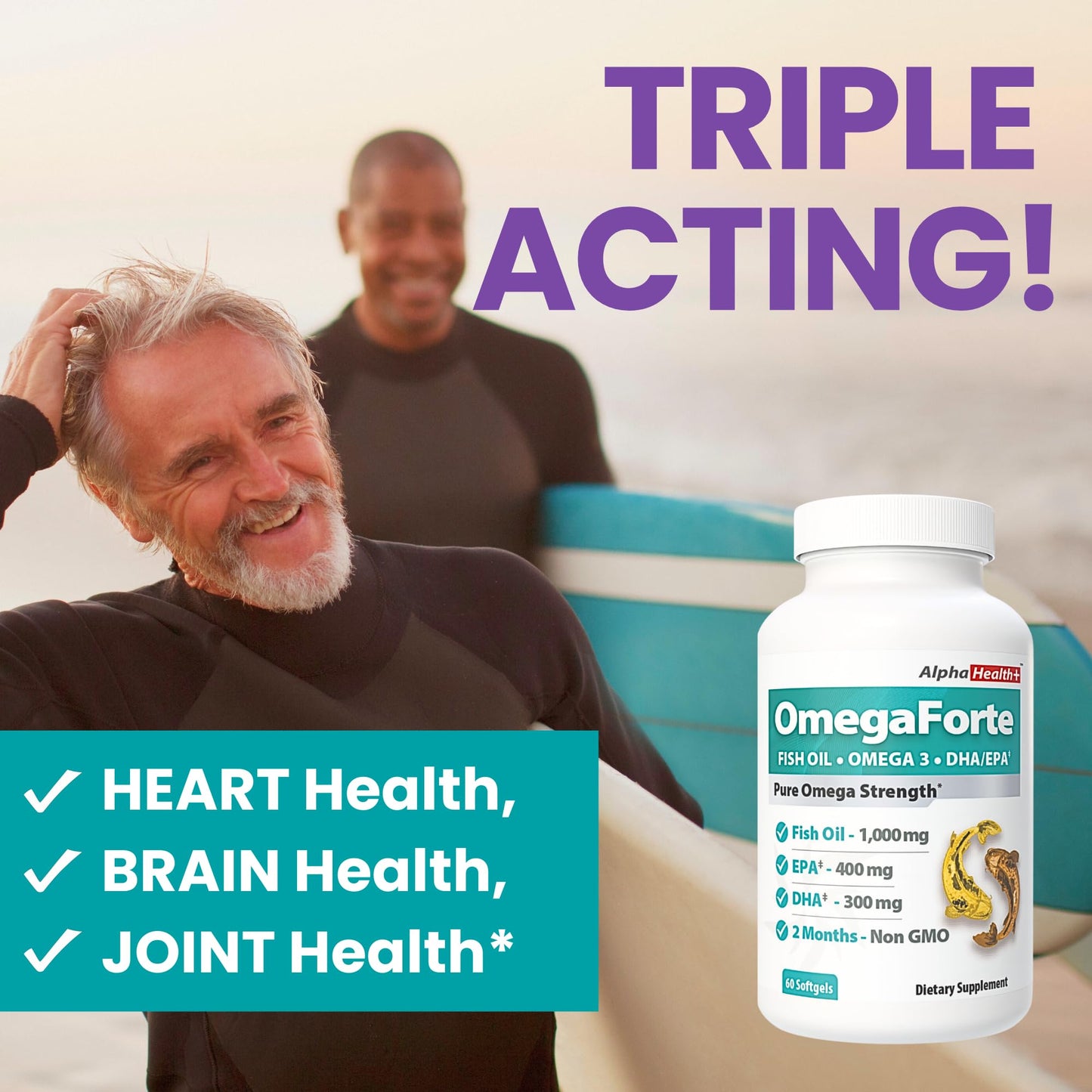 OmegaForte Naturals Omega-3 Fish Oil Supplement – 1000mg Fish Oil, 400mg EPA & 300mg DHA – Burpless Softgels: Heart, Brain, Joint, Eye & Immune Health – High Potency Omega 3 for Men & Women – 60 caps - Medaid International