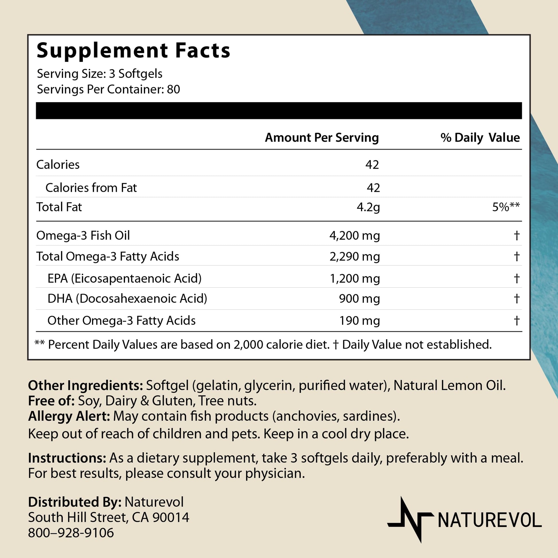Triple Strength Omega 3 Fish Oil 4200mg - Burpless | Over 2200mg of Omega 3 Fatty Acids | 1200mg EPA + 900mg DHA | Best Essential Fatty Acids | Wild Caught/Deep Sea Fish, Lemon Flavored - 240 Softgels - Medaid International