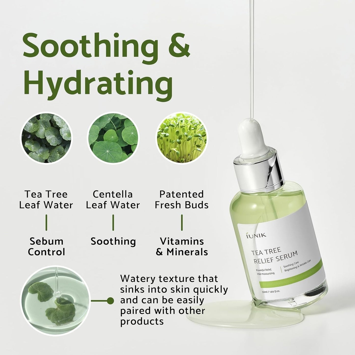 IUNIK Tea Tree Relief Vegan Serum for Acne-Prone Skin – Non-Sticky & Lightweight Facial Ampoule with Centella Asiatica for Soothing, Calming, and Balancing – Korean Skincare - Medaid International