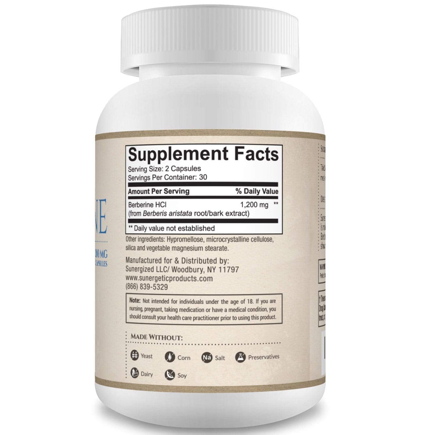 Sunergetic Premium Berberine Supplement - 1200mg Per Serving - Berberine HCL Supplement Non-GMO - Immune Support- 60 Capsules - Medaid International
