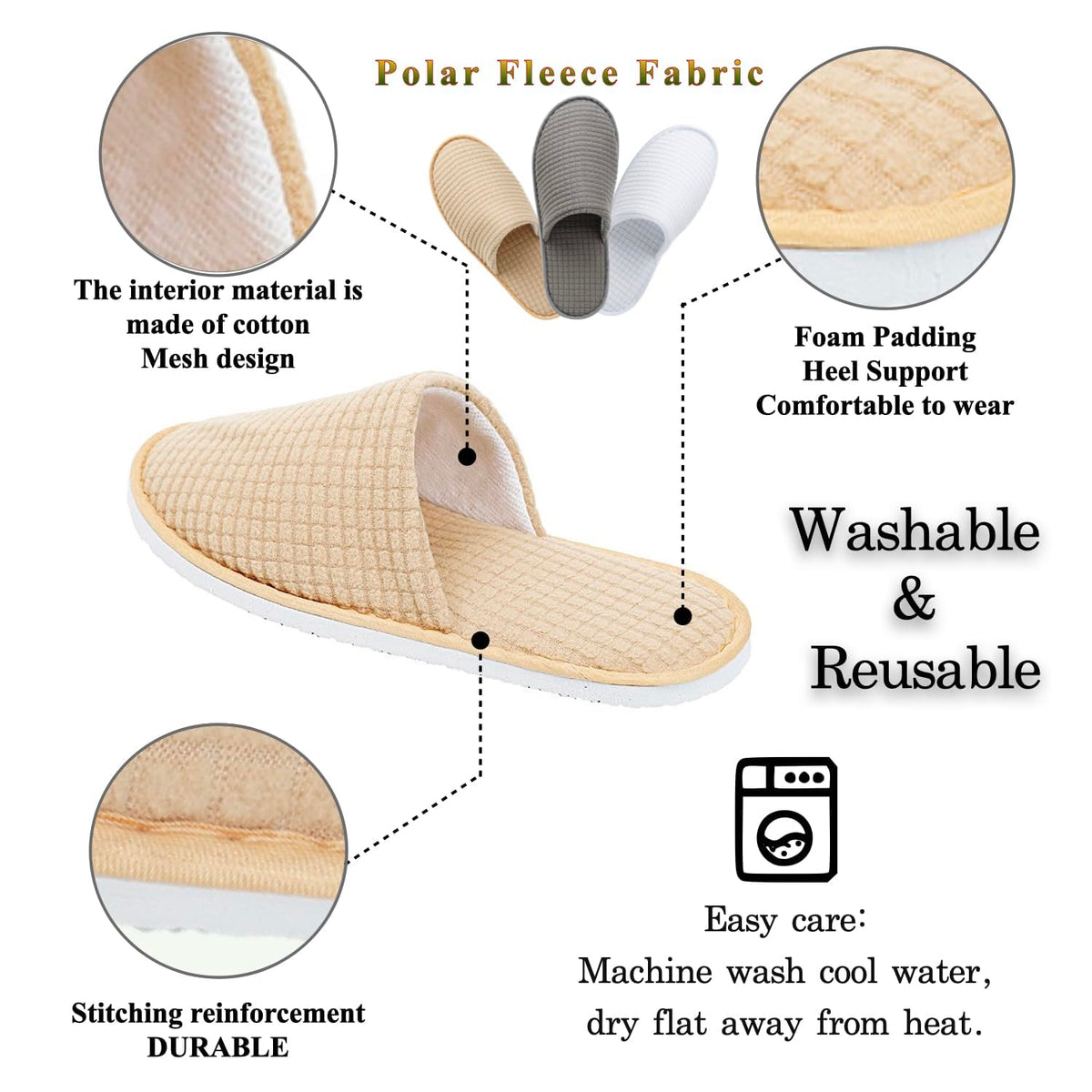 KASTWAVE 6 Pairs Spa Slippers, Non Slip Disposable Slippers For Guest, Washable Reusable, Which Can Be Used As Women Men, House, Indoor, Bathroom, Bedroom, Hotel, Bride Slippers 38 EU