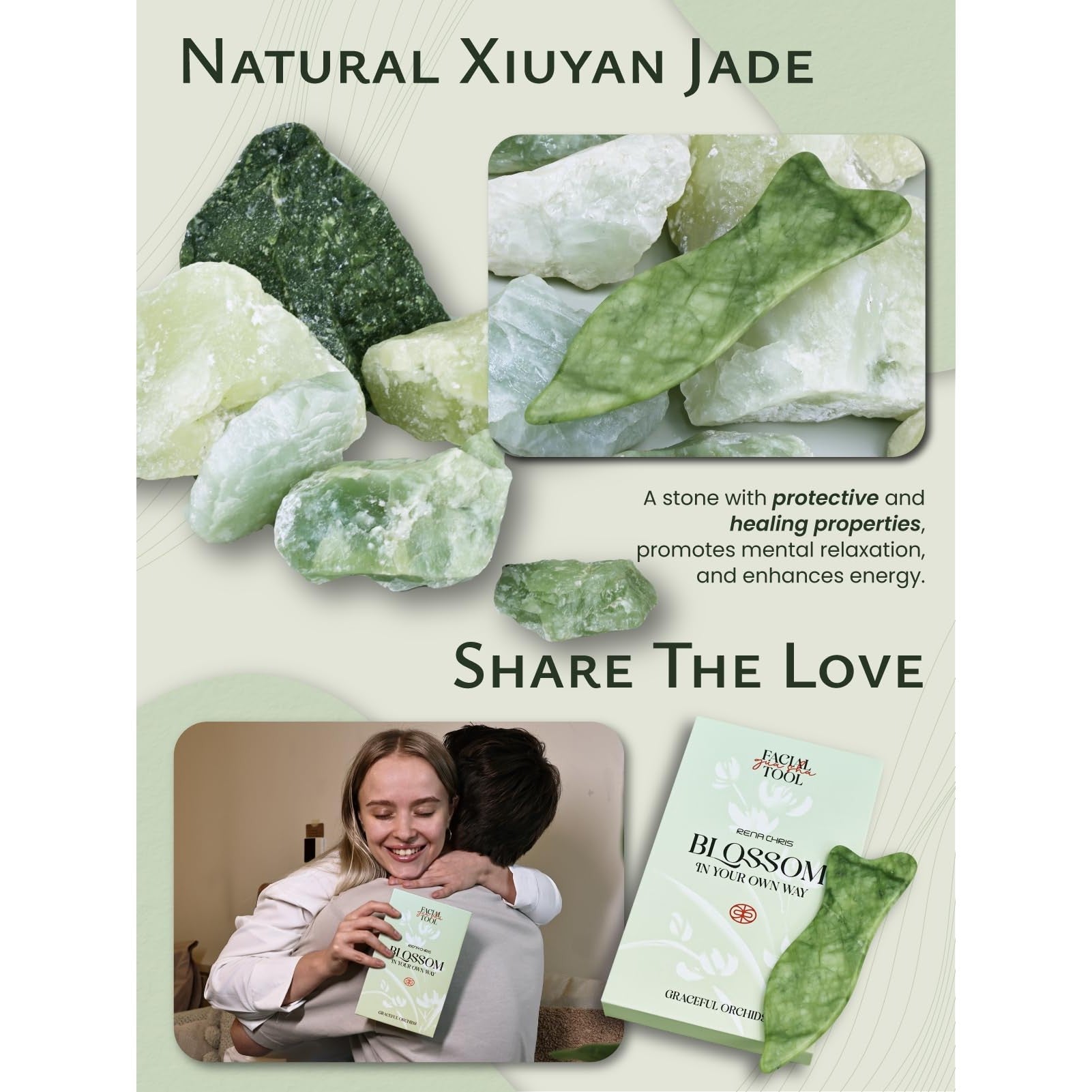 Rena Chris Natural Jade Gua Sha Facial Tools - Acupressure & Gua Sha for Face Massage, Jawline Sculpting, Puffiness Reduction, Skin Care Tool (Green) - Medaid International