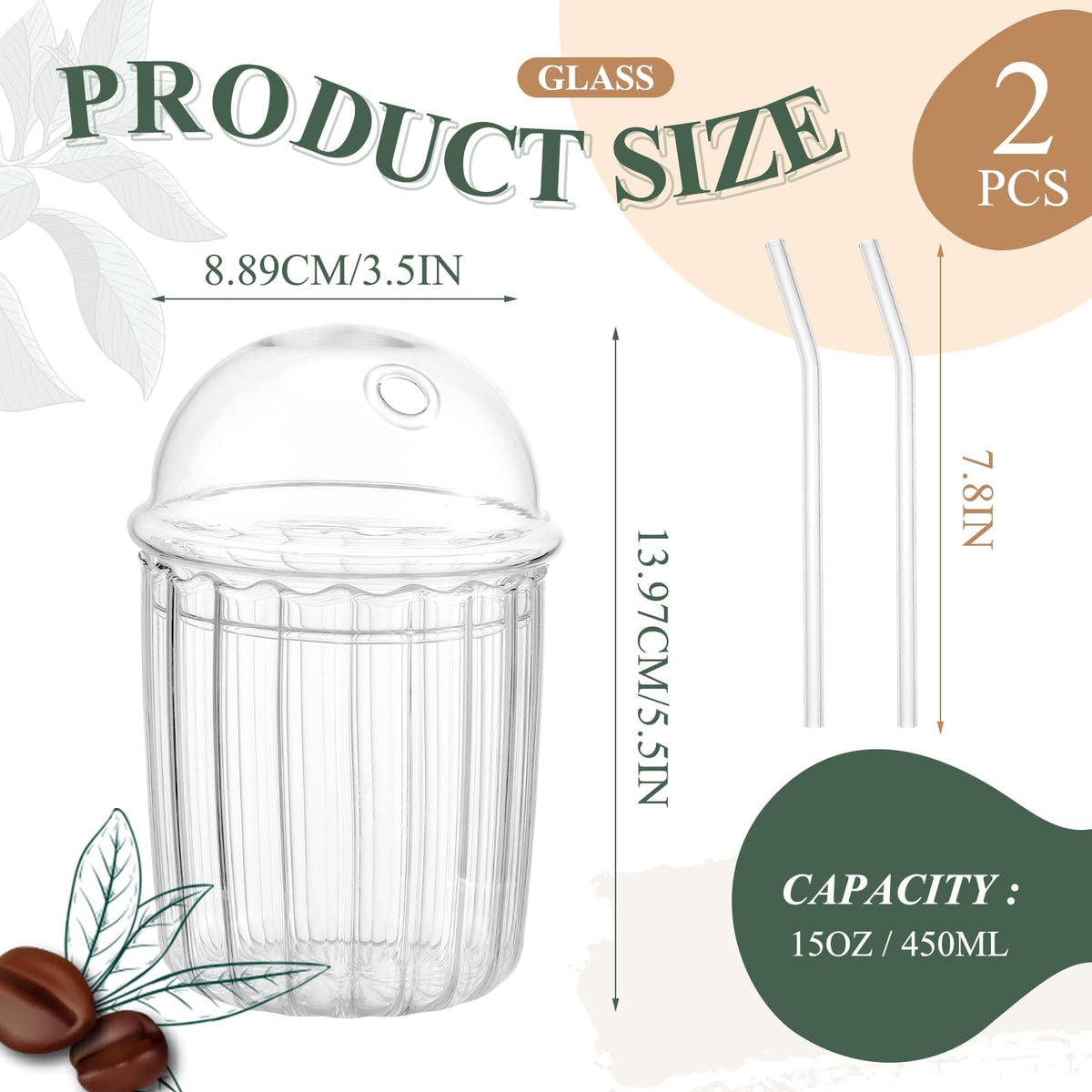 TERRIFI Glass Tumbler Set with Dome Lid and Straw, 15 oz Reusable Smoothie Coffee Drinking Glass Cup, Ideal for Home and Office Use, 2 Pcs