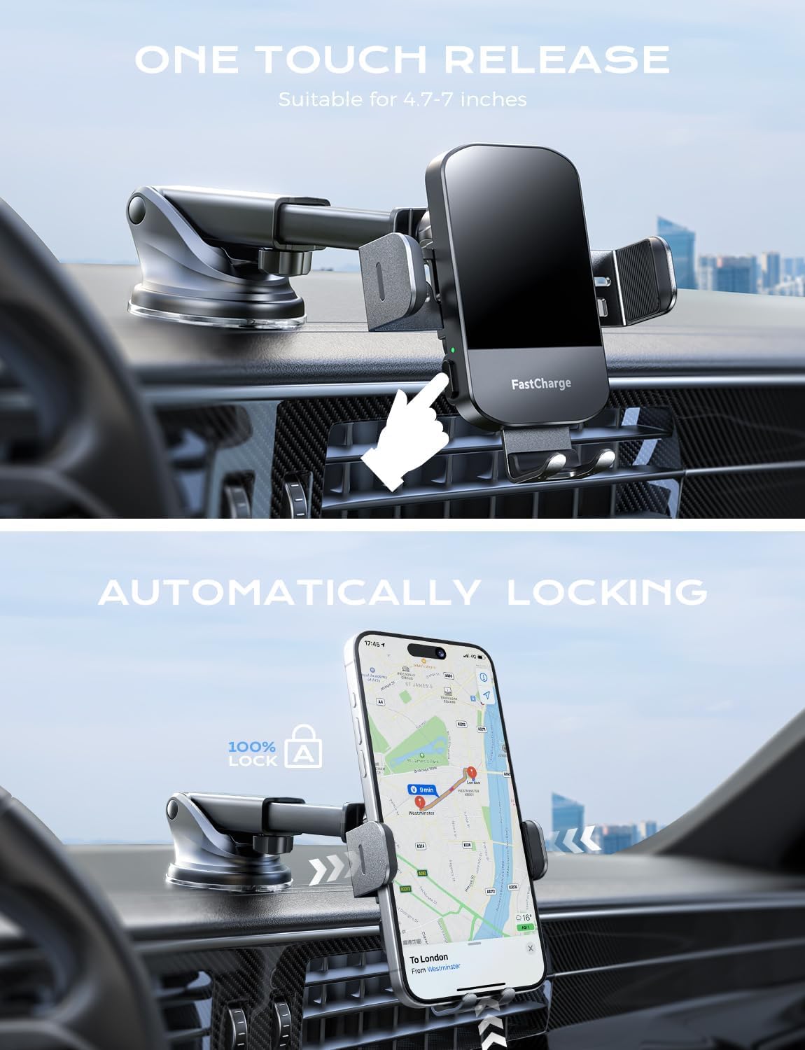 CHGeek Wireless Charger Phone Holders for Your Car, 15W Fast Charging Car Phone Holder Mount, Auto Clamping Truck Cradle Phone Mount for Car, Windshield Dashboard Air Vent Holder - Medaid International