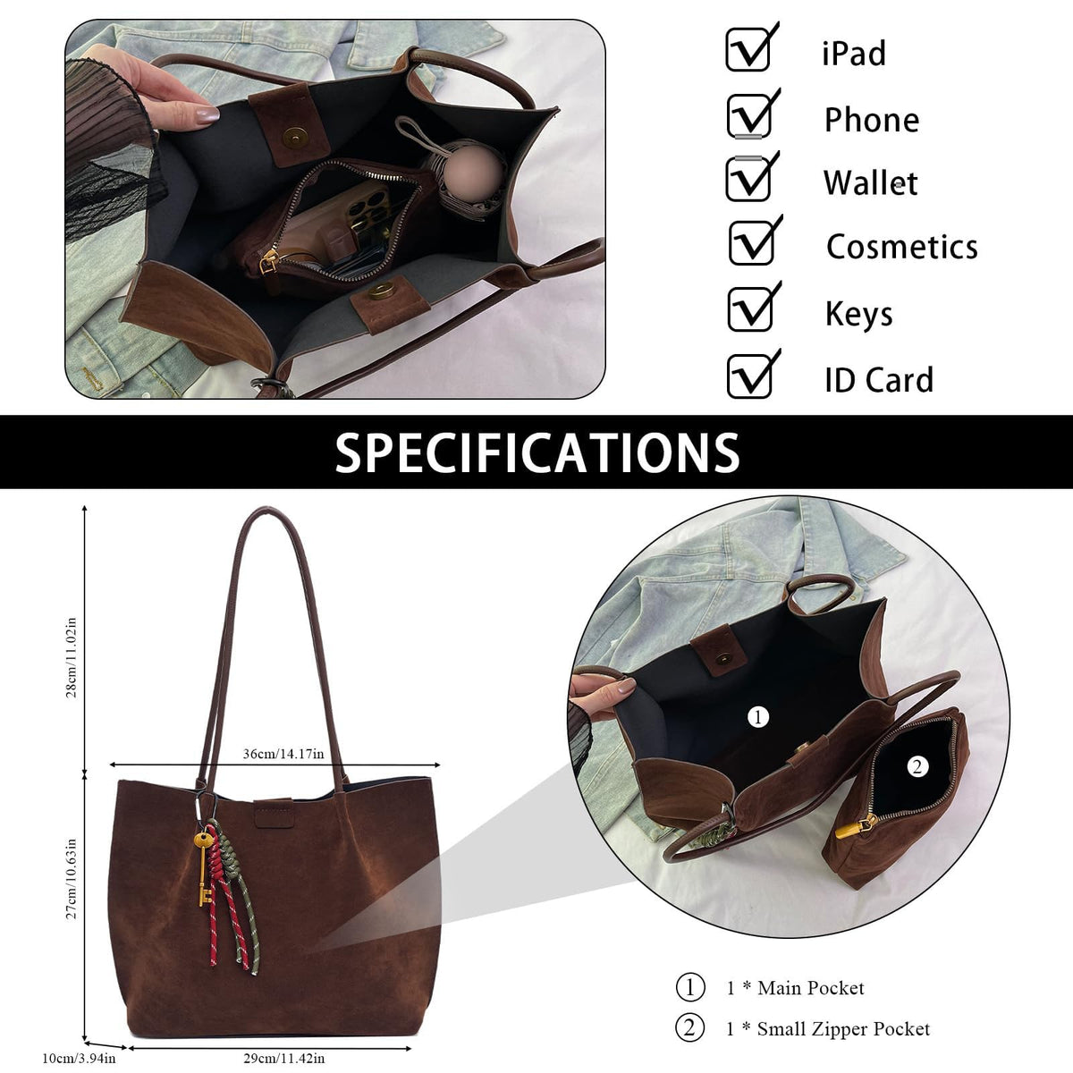 KASTWAVE Brown Faux Suede Tote Bag for Women – Trendy Slouchy Shoulder Handbag with Magnetic Clasp & Zipper Liner Pouch | Large Capacity Daily Purse for Fall, Work, Shopping & Travel