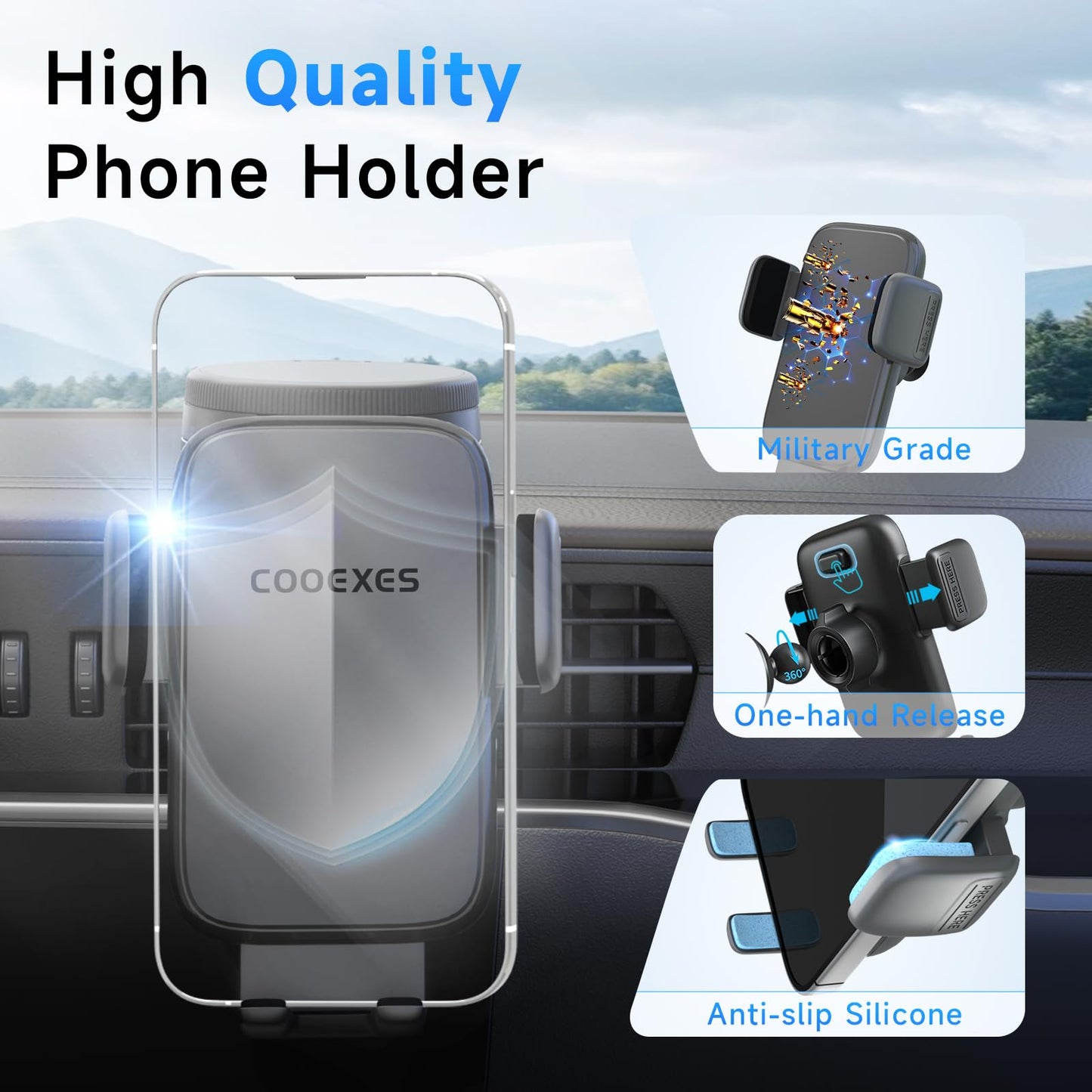 COOEXES Car Phone Holder, 360°Rotation Vacuum Suction Cup Phone Mount - 108LBS Nano Gel for Car, Bendable Arm & One-Hand Release, Truck Phone Holder for iPhone 17 Pro Max Samsung Android - Medaid International