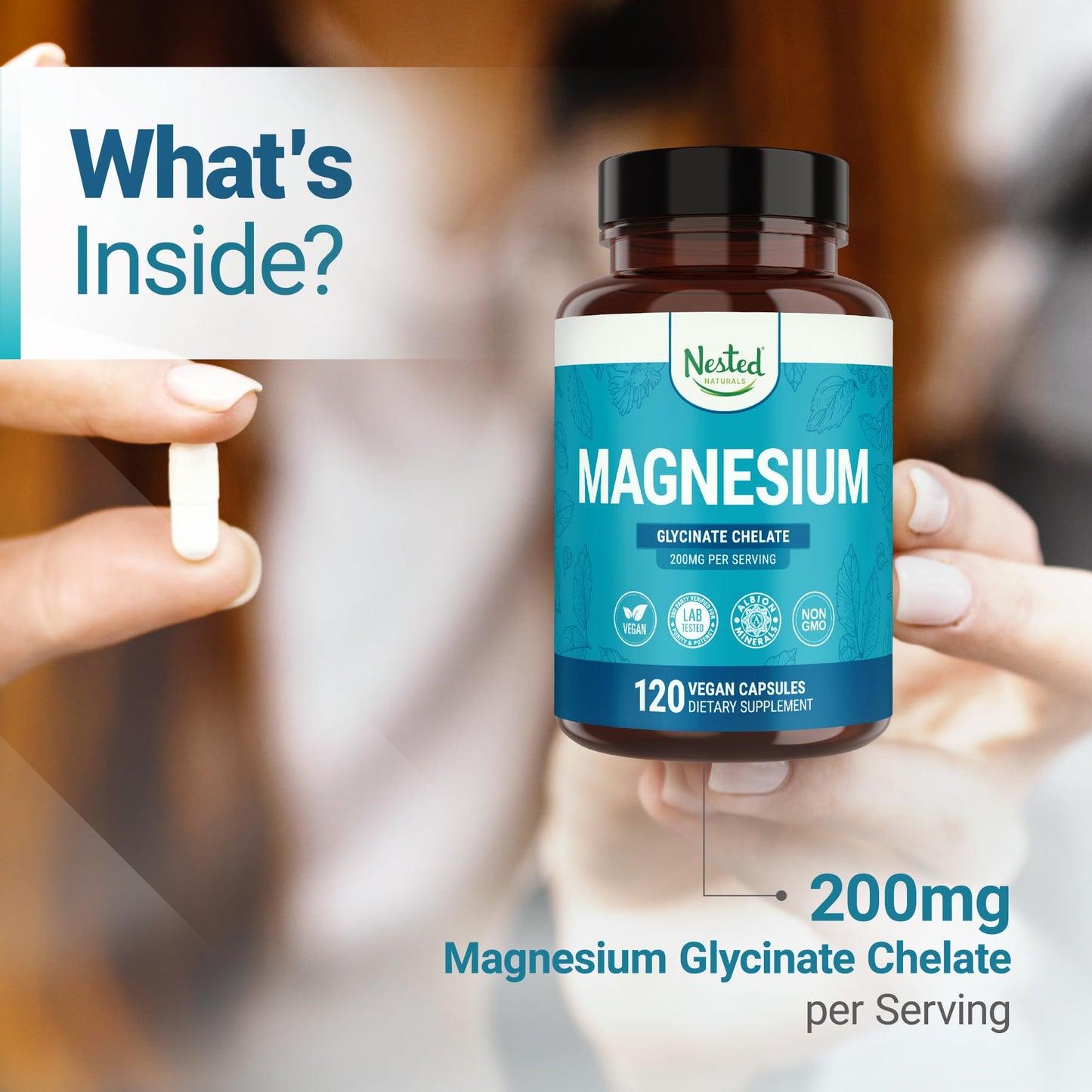 Nested Naturals Magnesium Glycinate Chelate - 200mg Chelated Magnesium Supplement for Muscle Cramps, Relaxation, & Sleep Support - 100% Albion TRACCS Buffered Magnesium Glycinate - 120 Vegan Capsules - Medaid International