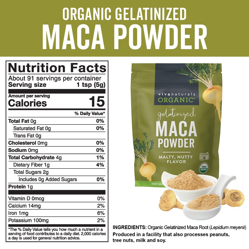 Viva Naturals Organic Maca Powder, Gelatinized, 16 oz (1 lb) – Vegan, USDA Organic, Gluten-Free, Non-GMO Peruvian Superfood in Resealable Bag - Medaid International
