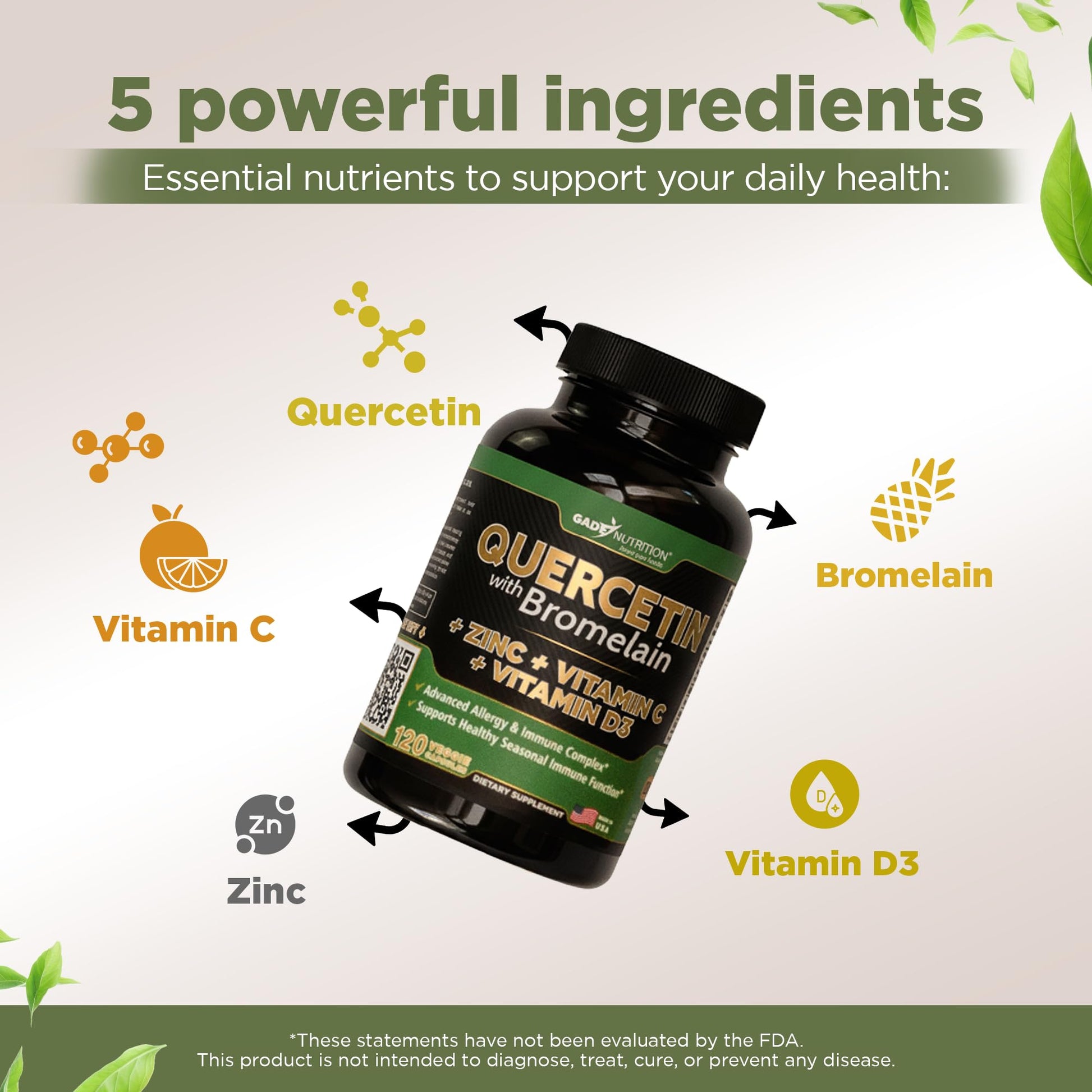 Gade Nutrition Quercetin with Bromelain Vitamin C and Zinc Vitamin D3 | Immune Support Supplement in Capsules | Non-GMO, Gluten-Free, Vegan | Made in The USA | 2 Month Supply - Medaid International