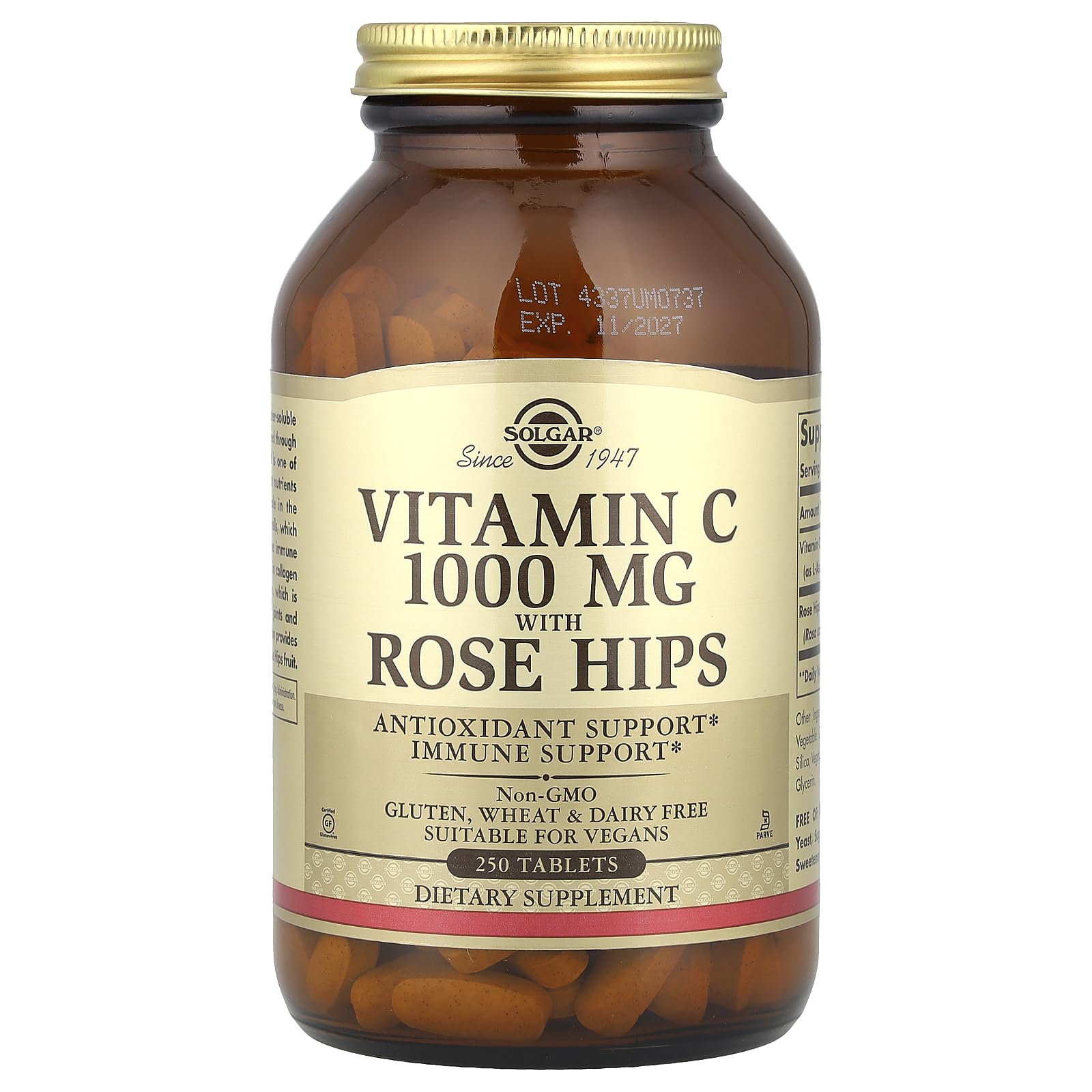 Solgar Vitamin C 1000 mg with Rose Hips, 250 Tablets - Antioxidant & Immune Support - Overall Health - Supports Healthy Skin & Joints - Non GMO, Vegan, Gluten Free, Dairy Free, Kosher - 250 Servings - Medaid International