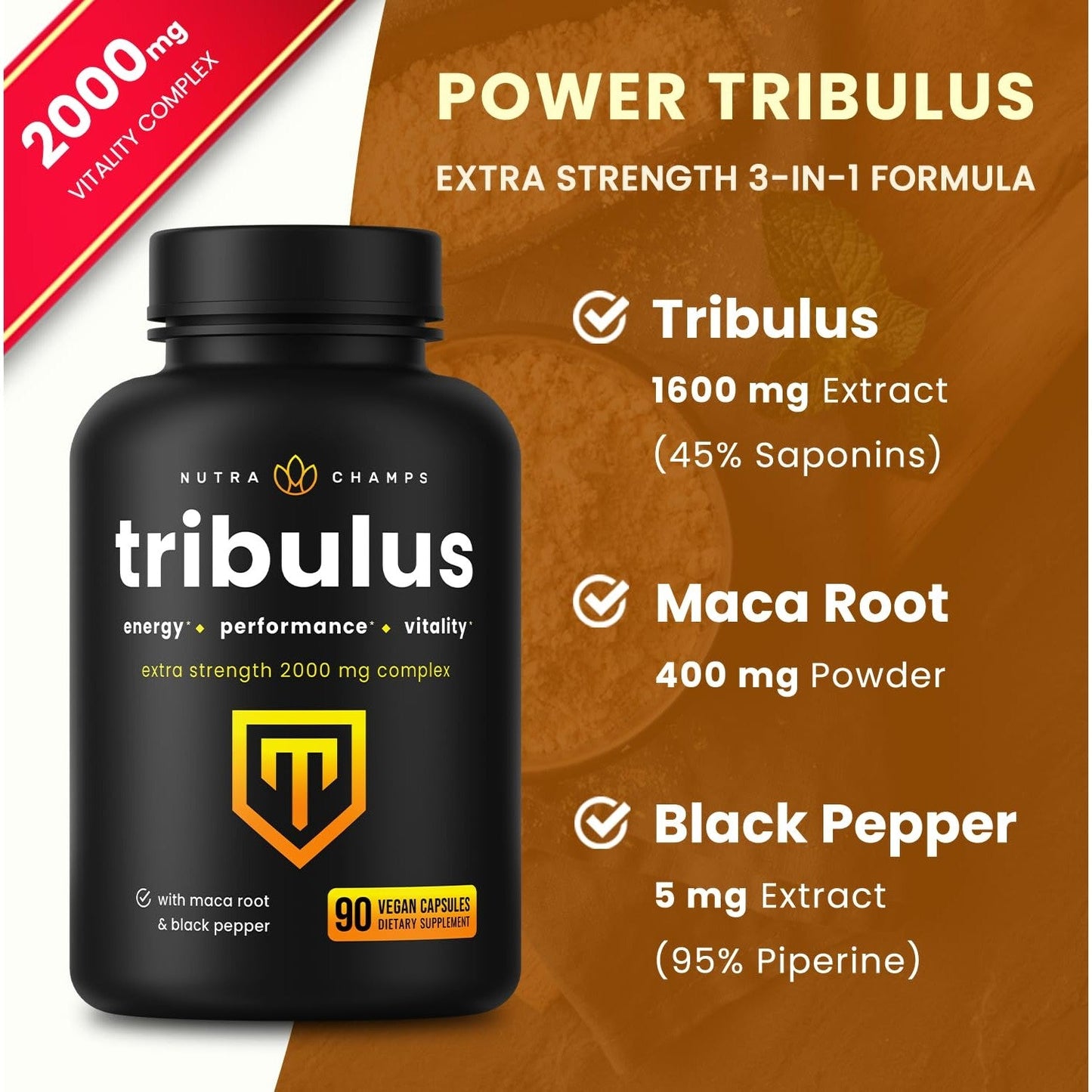 NutraChamps Tribulus Terrestris for Men, 2000mg Supplement Booster for Energy, Vitality, Stamina & Performance, Extra Strength Saponins, 90 Vegan Capsules - Medaid International
