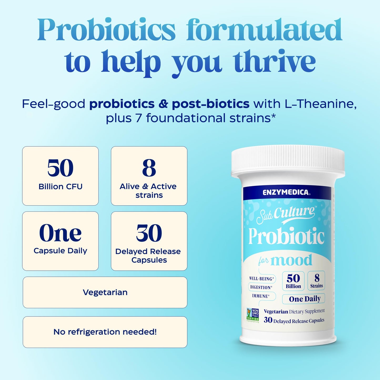 Enzymedica SubCulture Probiotics for Mood, Stress, & Sleep, 50 Billion CFU, Promotes Relaxation, Immune + Digestive Health & Regularity, 30 Count - Medaid International