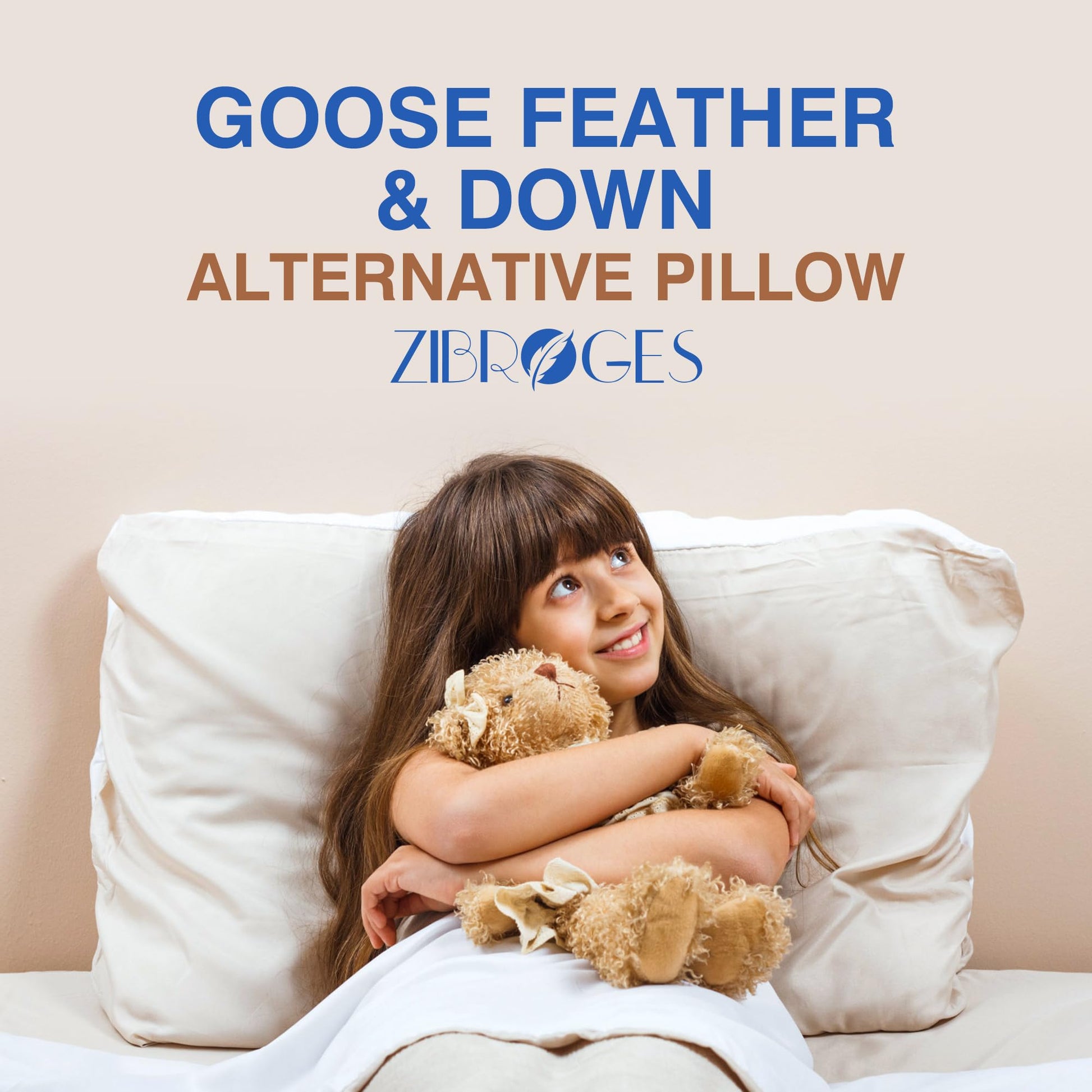 zibroges Feather Pillows Queen Size Set of 2 - Goose Down Hotel Bed Pillow for Sleeping, Soft 600 Thread Count Cotton Cover, Fluffy Support Surround Fill Polyester for Side, Back, Stomach Sleepers - Medaid International