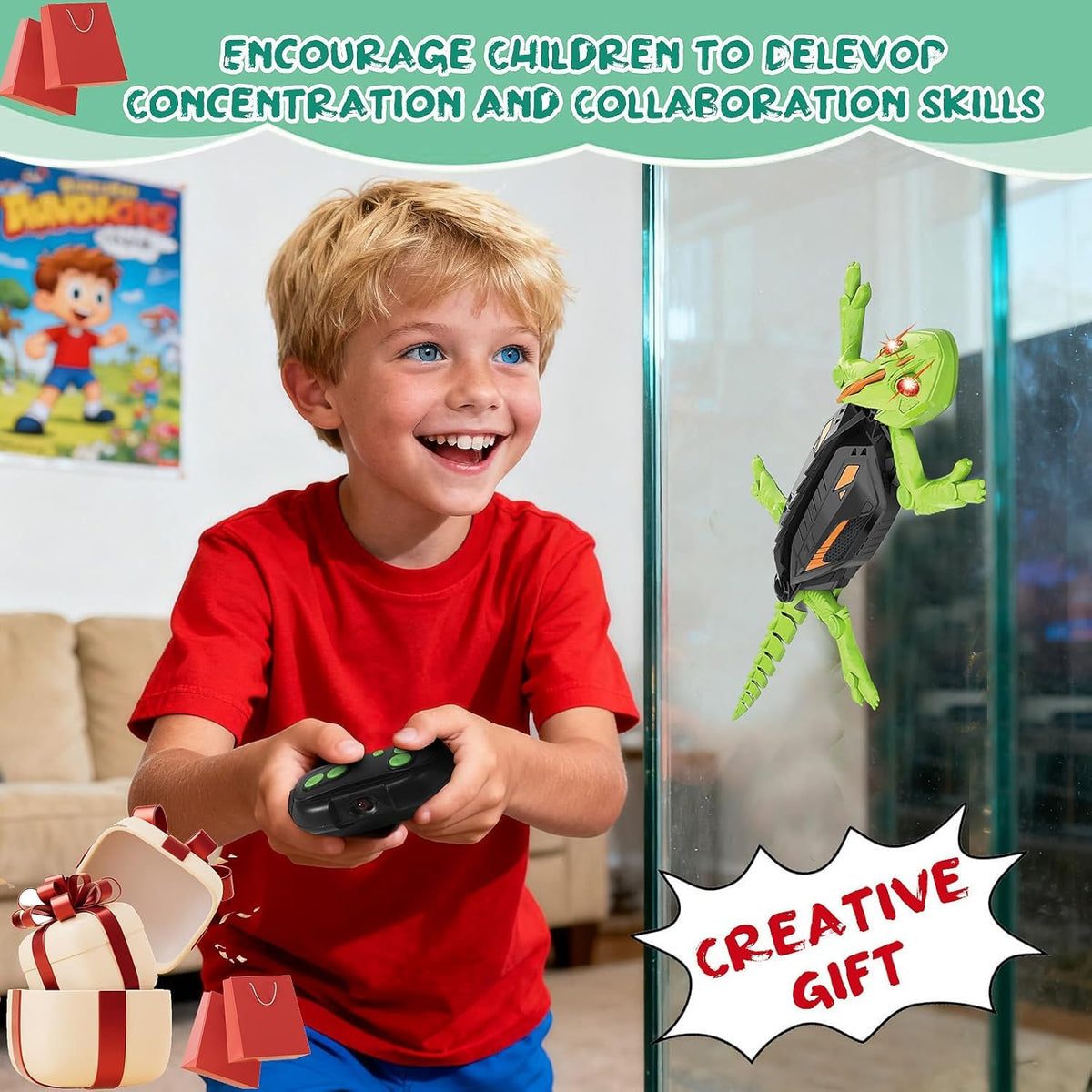 Wall Crawler Gecko, Electric Lizard Toy, Remote Control Crawling Gecko, Rechargeable Funny Prank Toy, for Adults, Indoor Walls, Ceilings, Family Fun, Parties, Office, Birthday Prank Games (Green)