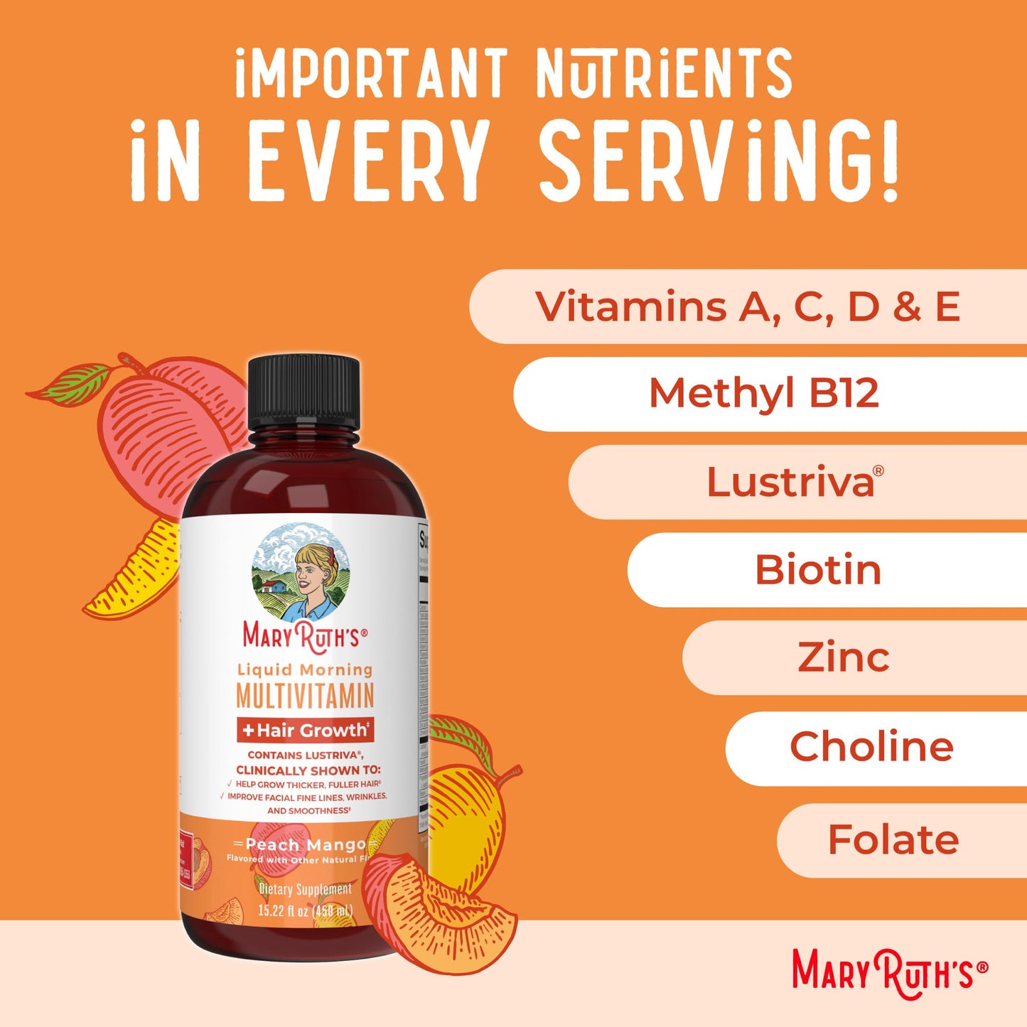 MaryRuth's Liquid Multivitamin + Hair Growth | Biotin 10000mcg | Lustriva Hair Growth Supplement | Clinically Tested in Women for Thicker Hair & Facial Wrinkles | Skin Care | Ages 18+ | 15.22 Fl Oz - Medaid International